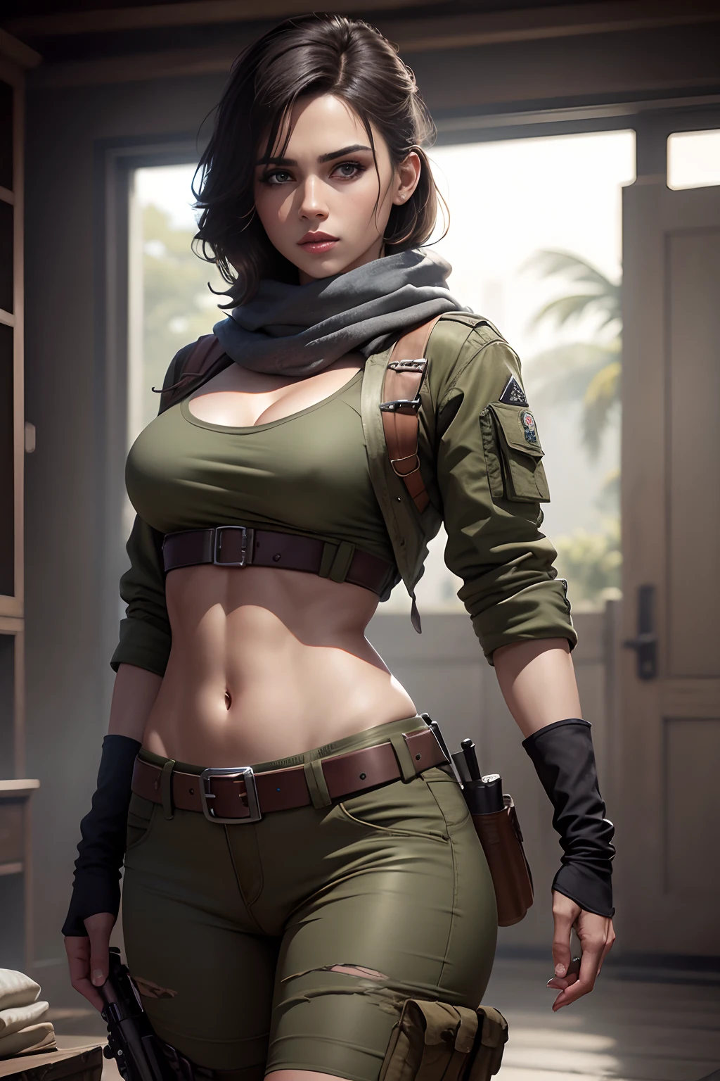 obra maestra , RAW camera , Calidad ultra , volumetric illumination, HDR, Maximum resolution, Preciosa , estilo  militar , Estilo de ropa del juego Call of Duty , Generic in-game character ,  Camuflaje y atuendo sexy , Mujer musculosa con caderas enormes , Thin belt and scarf , todo muy detallado, sexy standing, ojos verdes, moist lips, cuerpo completo, Fondo de la escena de guerra , 8k