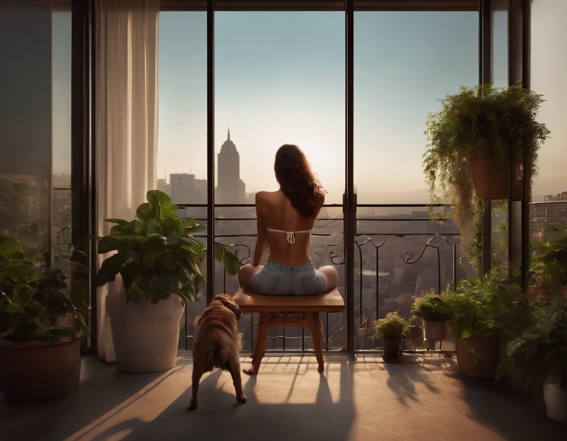 Large balcony with plants, View of the metropolis from above, peaceful atmosphere, A little dark in the sky Young skinny brunette shirtless woman swinging on velular, With coffee on the table, Dog sitting on the ground and enjoying the view,