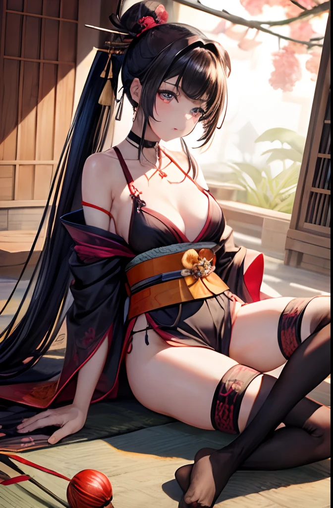 masterpiece、best、Hi-Res、1 female、A dark-haired、Medium Hair、Asymmetrical hair、Floating hair、blindfolds、High Ponytail、side locks、hair adornments、Fish hair ornament、tassels、Kanzashi、bangss、light blue eyes、Beginning、ssmile, tusk, Only the upper teeth, a choker, a red choker, Pendant Choker, Butterfly Choker, 鎖骨, The tattoo, Chest Tattoo, Flower tattoo, cleavage of the breast, middlebreasts, thighs thighs thighs thighs, bandaged, Bandaged Legs, sarashi, Budget Sarashi, Breast sarashi, Black sash、 Hadanugi Dosa 、 Broomstick 、 Komono 、 Kimono 、 Drawstring 、 Obi 、 Obiage 、 Obi tightening 、 Orange kimono 、 Drawstring 、 Patterned kimono 、 noose 、 Obi 、 Shimenawa 、 Short kimono 、 Piece bare shoulders 、 phantom(Genshin) 、 East Asian Architecture 、cherry trees, full body Esbian, crouching down, sparkler fireworks, natta, sparklers, sparklers, cross one's legs, an legs, single glove, Single fingerless gloves, wristbands, Black socks,