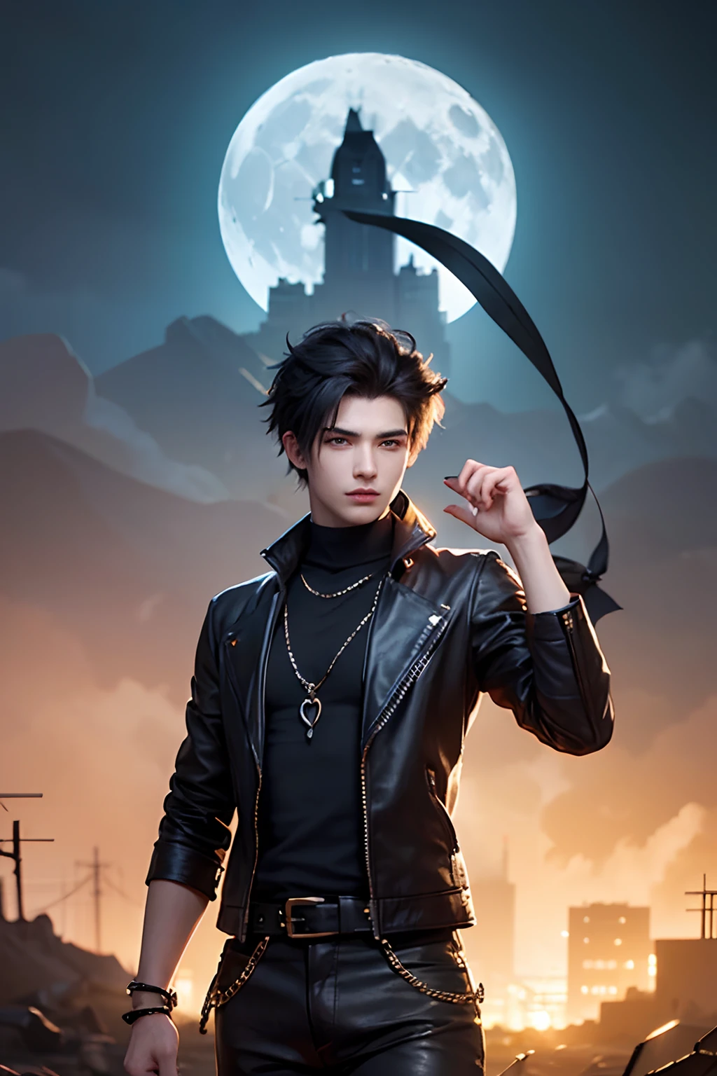 (((1 young man 21 years old))), anime character with short hair, small ponytail at neck, black hair, deserted background, ((large moon)), handsome man in demon slayer art, epic fantasy art style, badass anime 8k, epic fantasy digital art style, detailed digital anime art, human male demon, portrait of hades, epic fantasy art style hd, fierce expression 4k, perfect eyes, perfect skin, demon male, extremely detailed artgerm, wearing black leather jacket, black turtleneck shirt, black leather long pants, metal chain at waist, electrical sparks