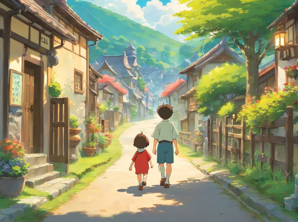 The little boy was happy walking the village road，Thinking about what wishes you want to make for this year's festival