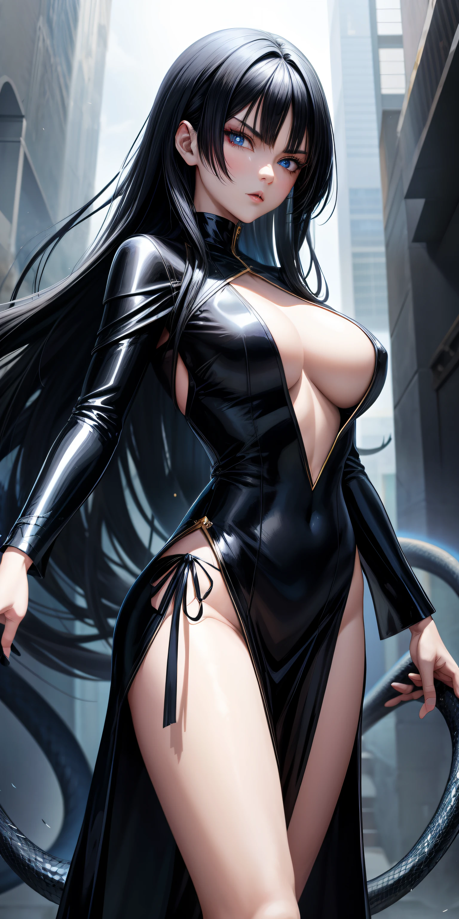 Anime woman with black hair and blue eyes in black dress,Snake face, black - haired mage, Mysterious, evil sorcerer,