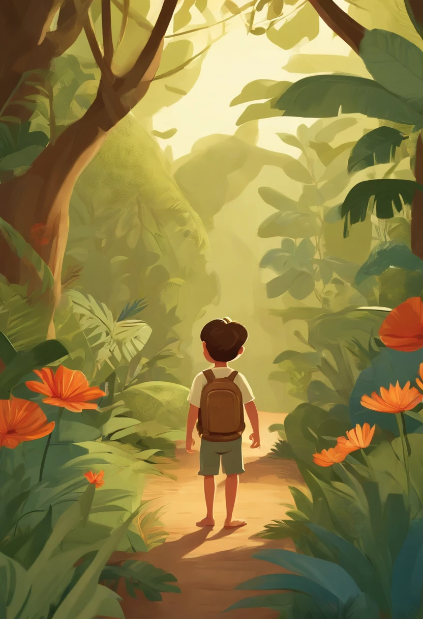 Cartoon boy in safari clothes standing in the middle of a jungle, illustration of children's books, illustration of children's books, illustration of children's books, Menino Escoteiro, illustration for children, explorador feminino mini menina bonito, illustration of children's book, Illustration for children's book, Arte infantil em Artstation, Cartoon style illustration, illustration of children's book, official character illustration, arte conceitual do menino solteiro, childrens illustration, He was exploring his garden when he discovered a magical door hidden behind the flowers.