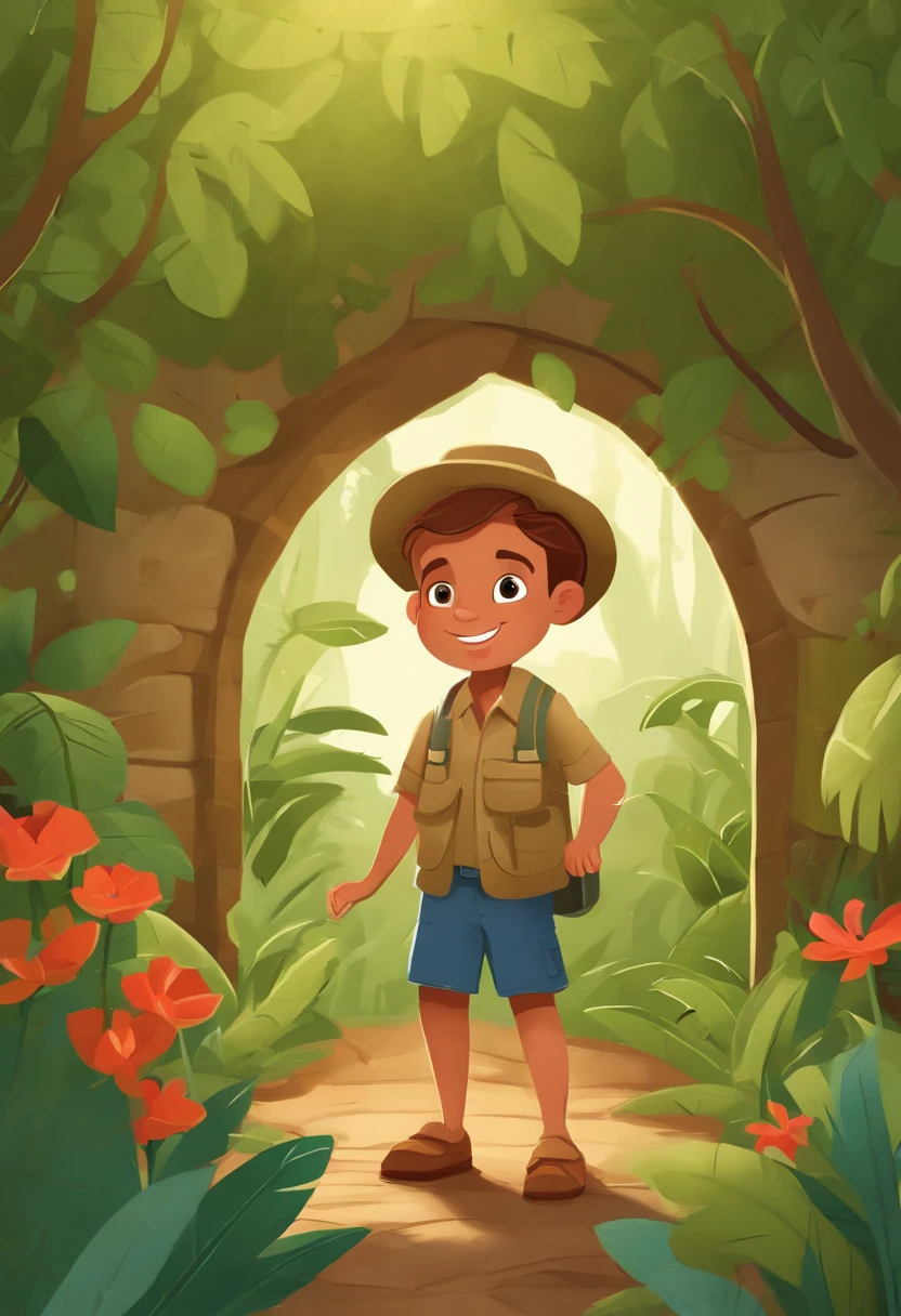 Cartoon boy in safari clothes standing in the middle of a jungle, illustration of children's books, illustration of children's books, illustration of children's books, ****** Escoteiro, illustration for children, explorador feminino mini ****** bonito, illustration of children's book, Illustration for children's book, Arte infantil em Artstation, Cartoon style illustration, illustration of children's book, official character illustration, arte conceitual do ****** solteiro, childrens illustration, He was exploring his garden when he discovered a magical door hidden behind the flowers.