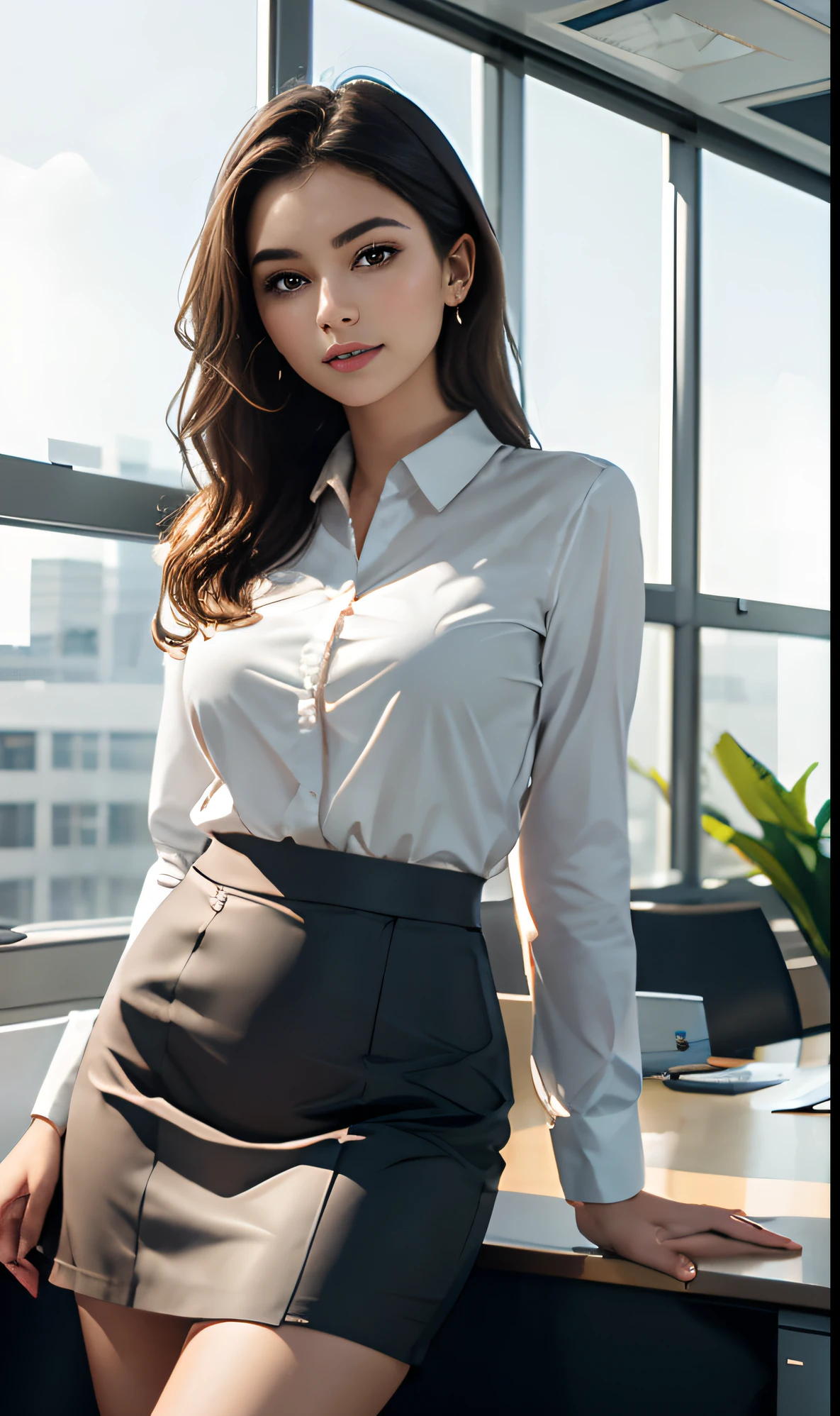 Highest quality, highest quality, masterpiece, solo, depth of field, delicate and moist skin girl, delicate and beautiful facial features, full-body lens, office work suit, suit skirt, very short skirt, perfect figure, random office equipment, exquisite CG, gorgeous highlight, crystal clear, sunlight through the window, beautiful, charming, shining, perfect, ultra-clear, 16k