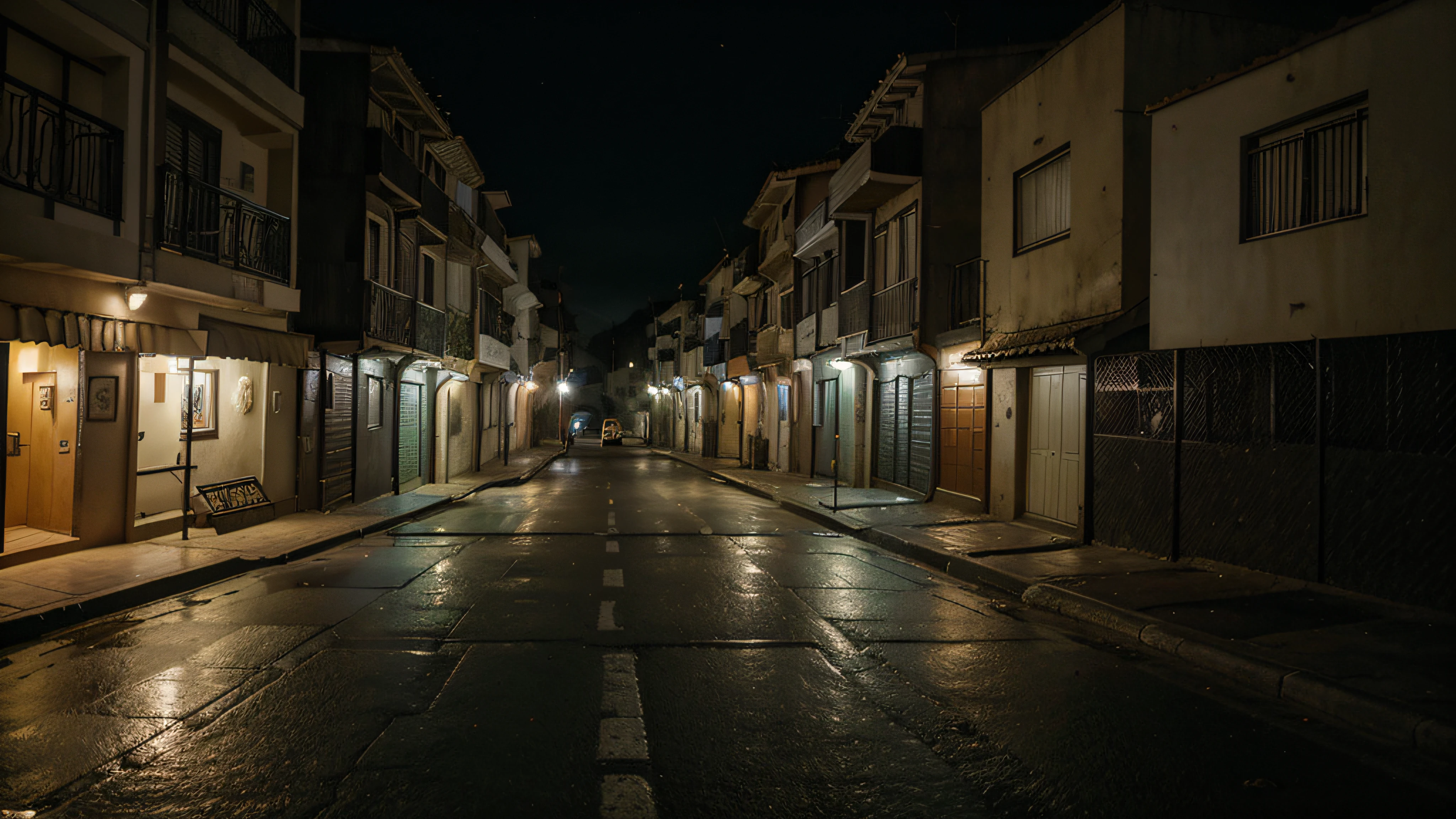 melhor qualidade, Qualidade extrema, very realistic, Dark street with poor lighting, carros parados, Casas e Apartamentos, ambiente escuro