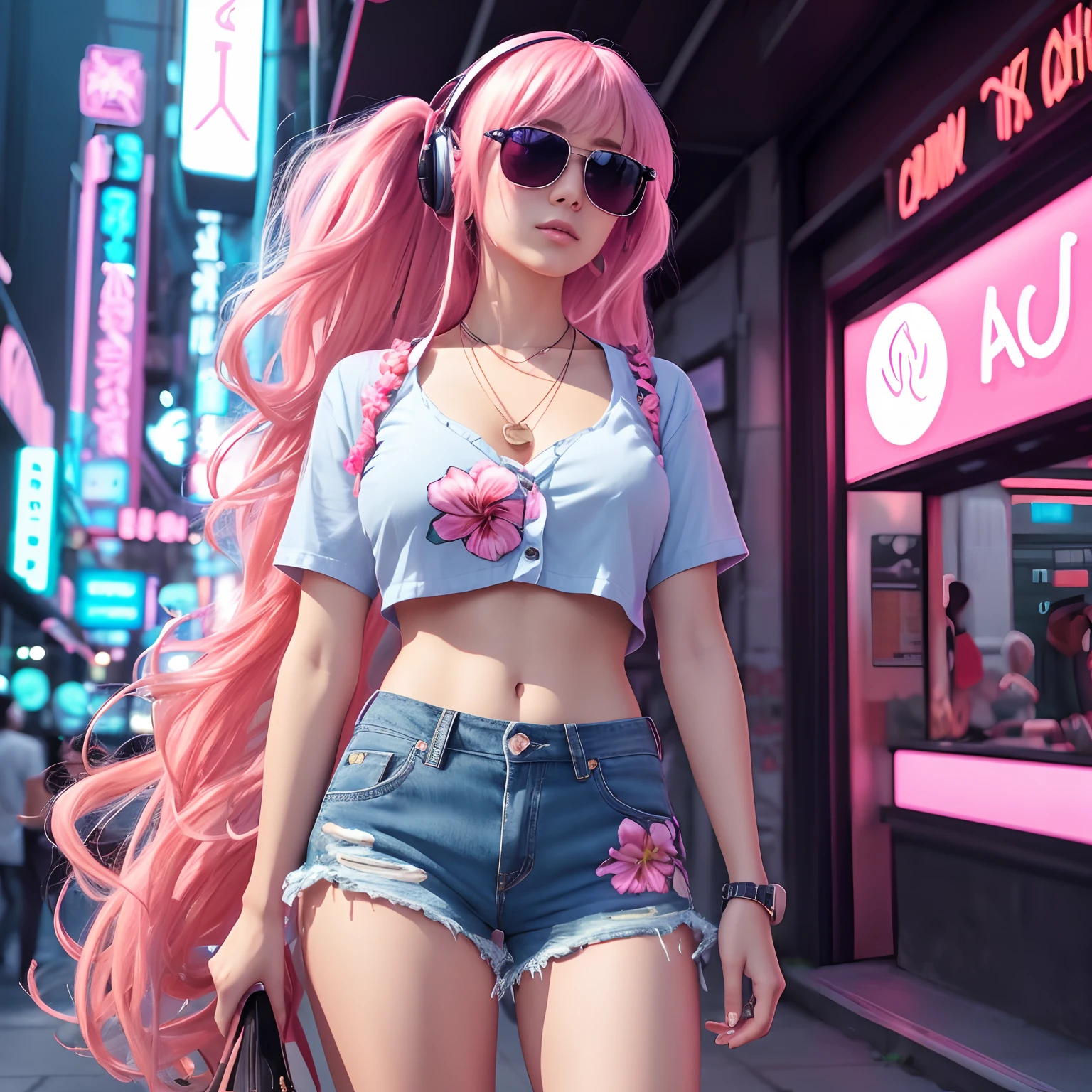 Masterpiece, best quality, (very detailed CG unity 8k wallpaper) (best quality), (best illustration), (best shadows), single female, full body, long pink hair, anime, large breasts, short sleeve button up hawaiian shirt with flowers, jean shorts, cyberpunk, neon, sunglasses, headphones, detailed skin, beautiful face, solo female, neon city, apple neon sign in background, single apple slice on clothes, apple necklace
