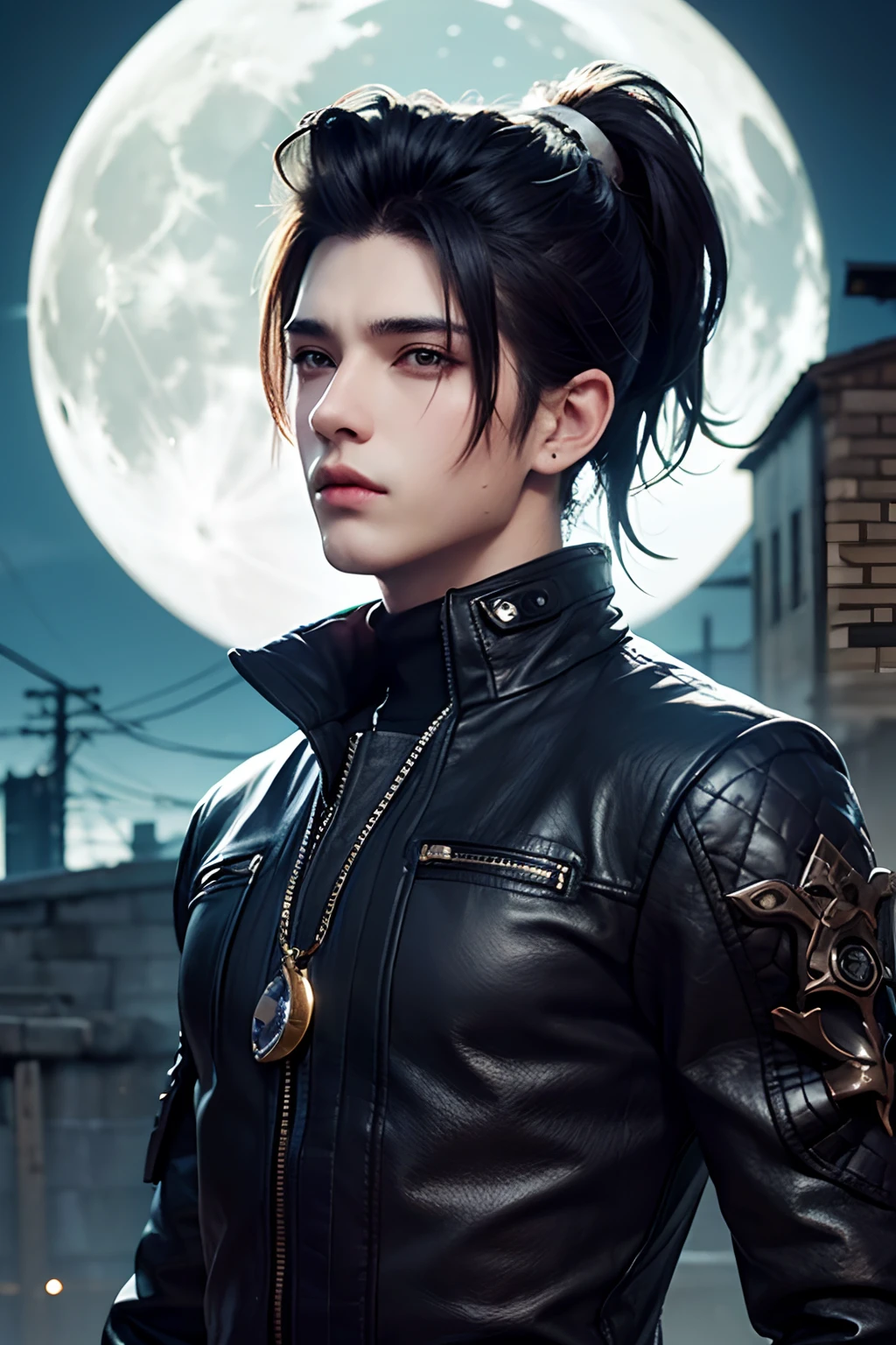 (((1 young man 21 years old))), anime character with short hair, small ponytail at neck, black hair, deserted background, ((large moon)), handsome man in demon slayer art, epic fantasy art style, badass anime 8k, epic fantasy digital art style, detailed digital anime art, human male demon, portrait of hades, epic fantasy art style hd, fierce expression 4k, perfect eyes, perfect skin, demon male, extremely detailed artgerm, wearing black leather jacket, black turtleneck shirt, black leather long pants, metal chain at waist, electrical sparks