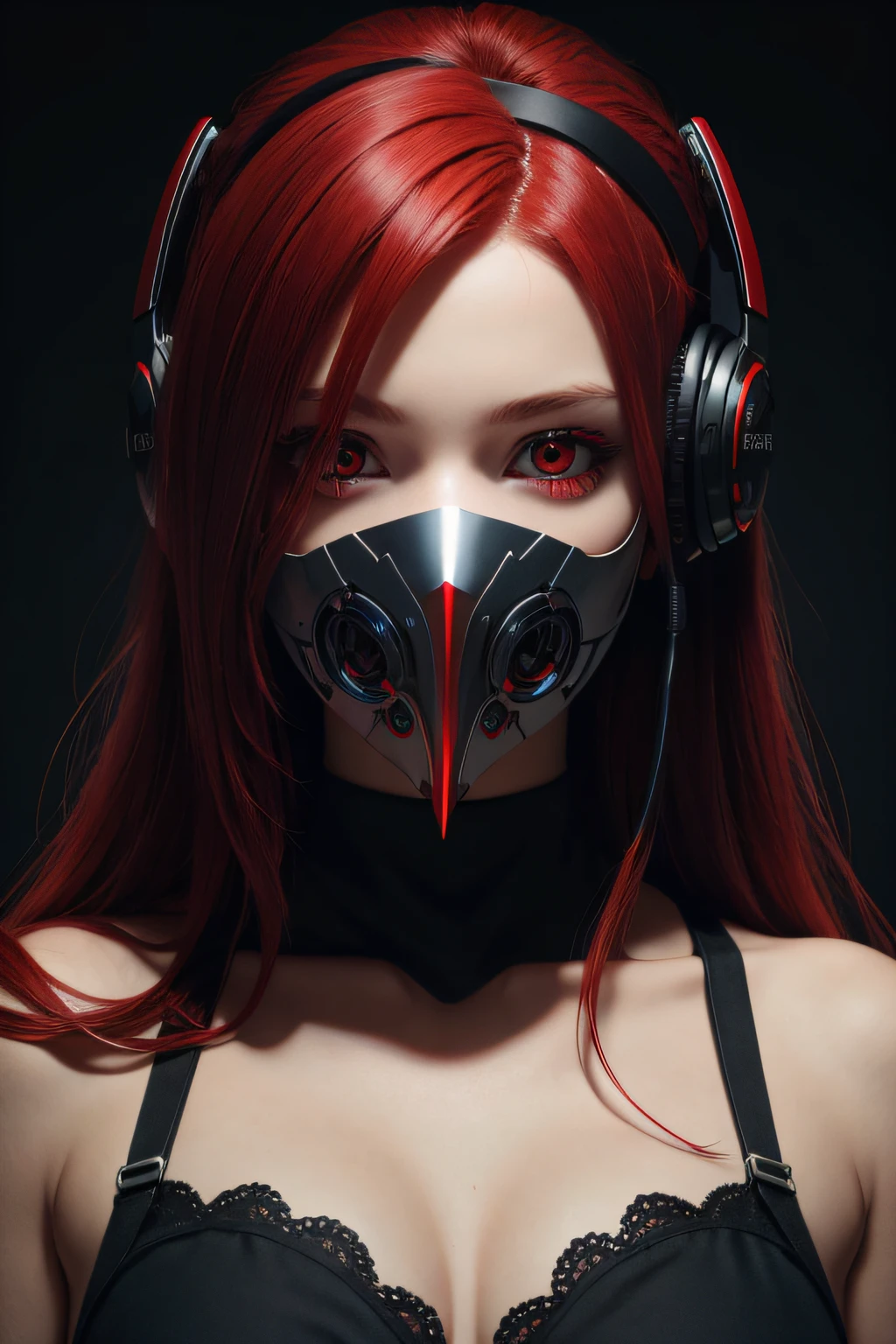 girl with long red hair, red eyes, futuristic vibes, mask on mouth, headphones, 8k, high quality, simple background, glowing eyes, nice pose