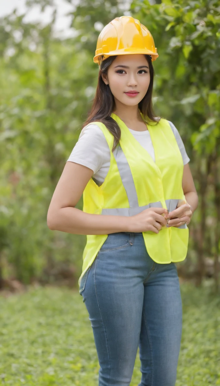 Project background shoot, Garden construction, well drilling construction work on the garden, a male construction worker (handsome construction guy, Indonesian male model, wearing construction vest, wearing yellow construction helmet) is talking to a beautiful indonesian girl (beautiful girl, indonesian female model, white skin, delicate eyes, blue shirt, white blazer, blue jeans long pants, no construction vest on girl, no cnstruction helmet on girl), full body photo shoot