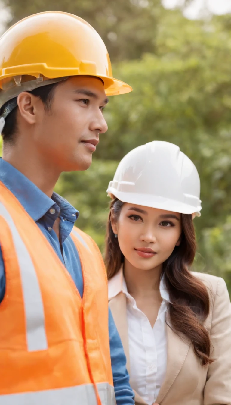 Project background shoot, Garden construction, well drilling construction work on the garden, a male construction worker (handsome construction guy, Indonesian male model, wearing construction vest, wearing yellow construction helmet) is talking to a beautiful indonesian girl (beautiful girl, indonesian female model, white skin, delicate eyes, blue shirt, white blazer, blue jeans long pants, no construction vest on girl, no cnstruction helmet on girl), full body photo shoot