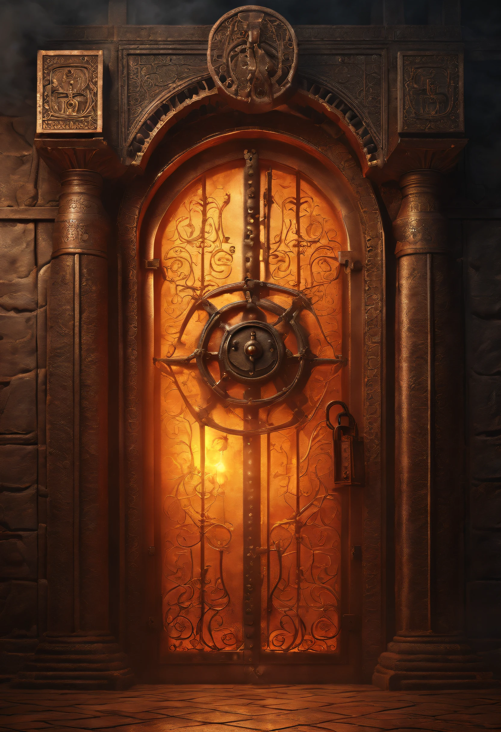 a distanced old indian antique mahal  door with huge steel lock, chained with steel chains, octane render, cinema 4d render, hyper detail door sealed with huge steel chains and, closed door with lamps on wall, fire sparks on floor, smoke on floor, gate to hell, the gate to hell, symmetrical epic fantasy art, the gates of hell, epic fantasy novel cover art, majestic occult Gates, dan mumford tom Bagshaw, gates of hell, a portal to the lost flame realm, dan mumford and alex grey style, a portal to hell sealed steel chains and a huge lock, hyper-realistic, photorealism, cinematic lighting