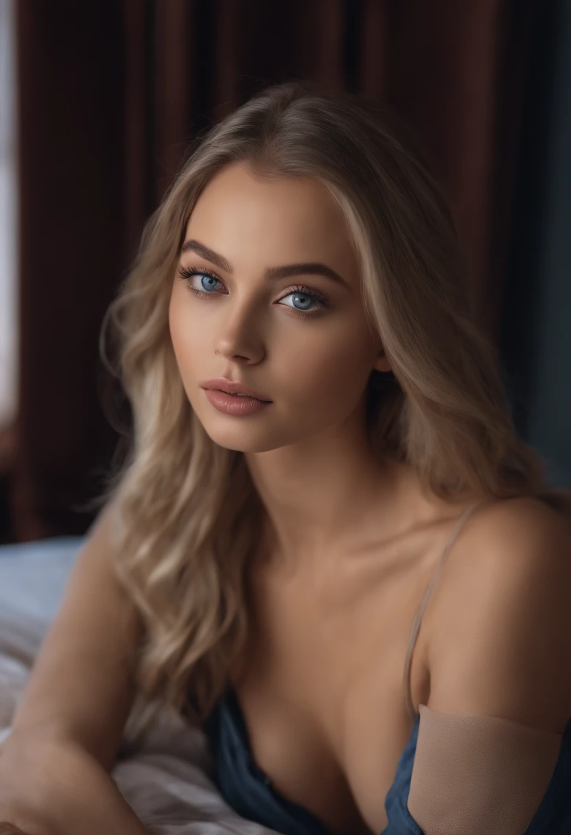 arafed woman fully , sexy girl with blue eyes, ultra realistic, meticulously detailed, portrait sophie mudd, blonde hair and large eyes, selfie of a young woman, bedroom eyes, violet myers, without makeup, natural makeup, looking directly at the camera, face with artgram, subtle makeup, stunning full body shot kneeling on bed, in bedroom, large size bust