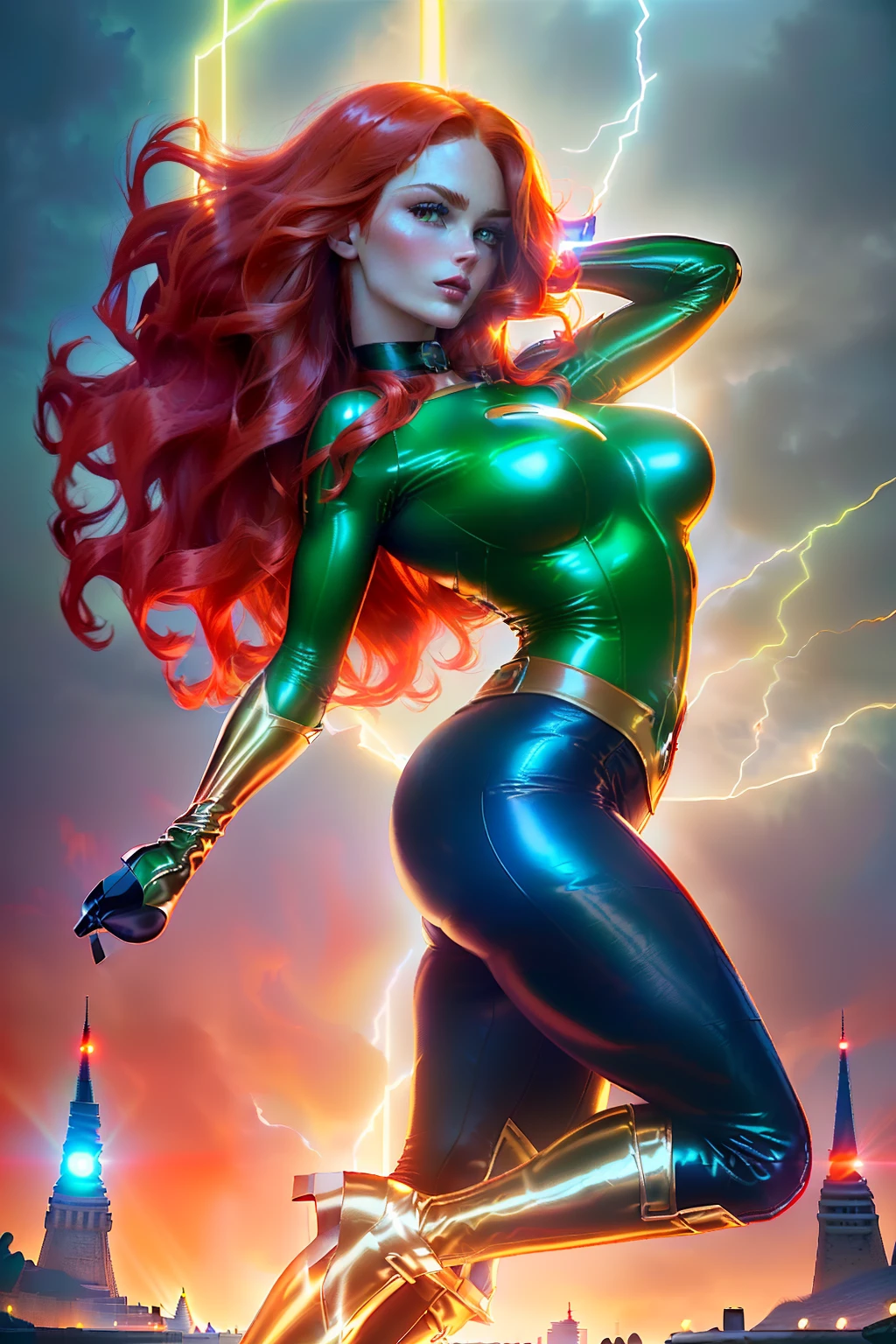((Jean grey from marvel comics series)) ((beautiful face)) (red lipstick) ((big bright eyes)) ((long redhead messy hairstyle)) ((very huge breasts)) (perfect slim body) ((wears green tight leather body duit)) ((choker, golden gloves and golden long boots)) ((posing sexy on liberty island)) ((showing backside and ass)) (high definition, dynamic lights and shadows) ((masterpiece)) (8k) (perfect face) (best quality) (perfect hands and eyes) ((psyonic power floating around))