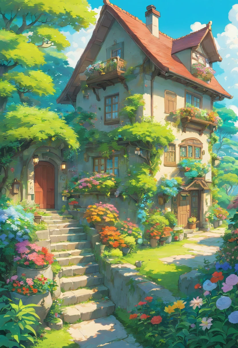 The earth is full of flowers and plants, Flowers and plants grow taller than a house, Ghibli-like colours, highres, super detail