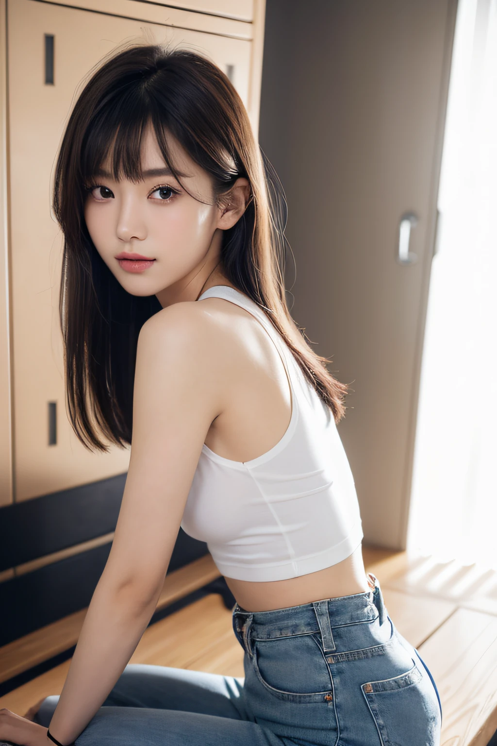 (Top image quality、8K、masterpiece:1.3))、Realistic high-quality photos、top-quality、girl cute-fine face、13 years old beautiful Japan girl、Photo of slim model、Beautiful girl model、young japanese girl、Young cute face、japanaese girl、13-year-old female model、Beautiful Model Girl、The innocent look of the girl next door、lovely delicate face、Brown hair、Beautiful brown eyes、Tear bag、drooing eyes、young body、Black tank top、Jeans wearing jacket、((shortpants))