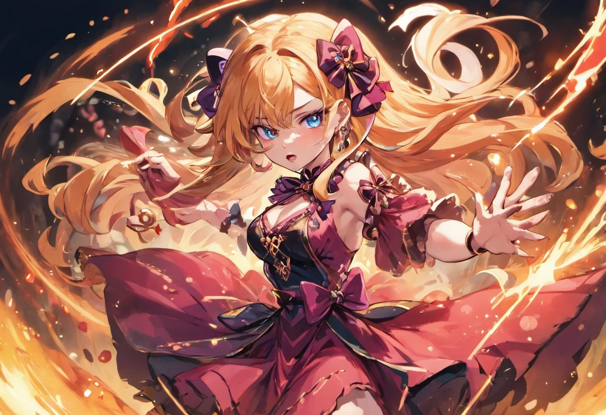 1girl in, Long hair, Bright hair color, Seductive eyes, mysterious expression, mature appearance, Attractive dresses, A flowing dress, Elegant Jewelry, complicated decoration, Magic Symbols, Glowing Accessories, potions, sscroll, Cute accent, the bow, bow ribbon, Flowers,