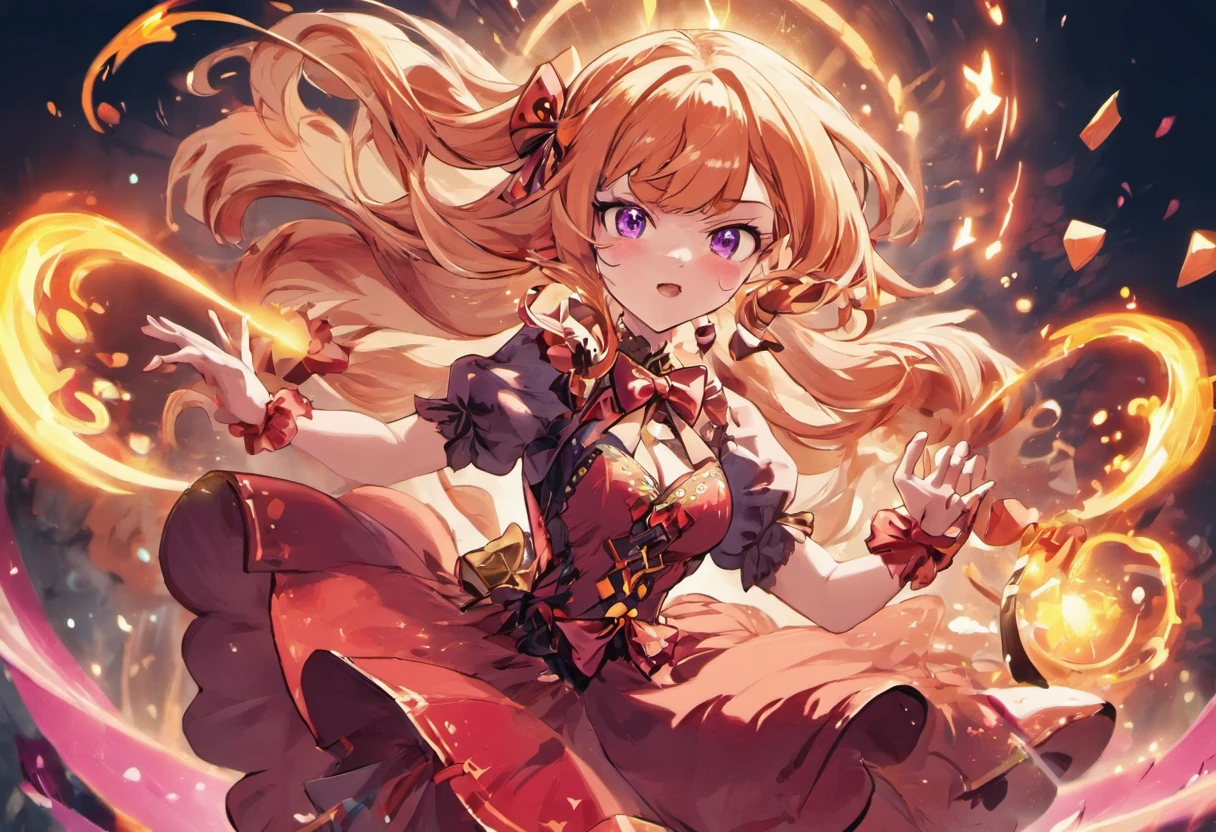 1girl in, Long hair, Bright hair color, Seductive eyes, mysterious expression, mature appearance, Attractive dresses, A flowing dress, Elegant Jewelry, complicated decoration, Magic Symbols, Glowing Accessories, potions, sscroll, Cute accent, the bow, bow ribbon, Flowers,