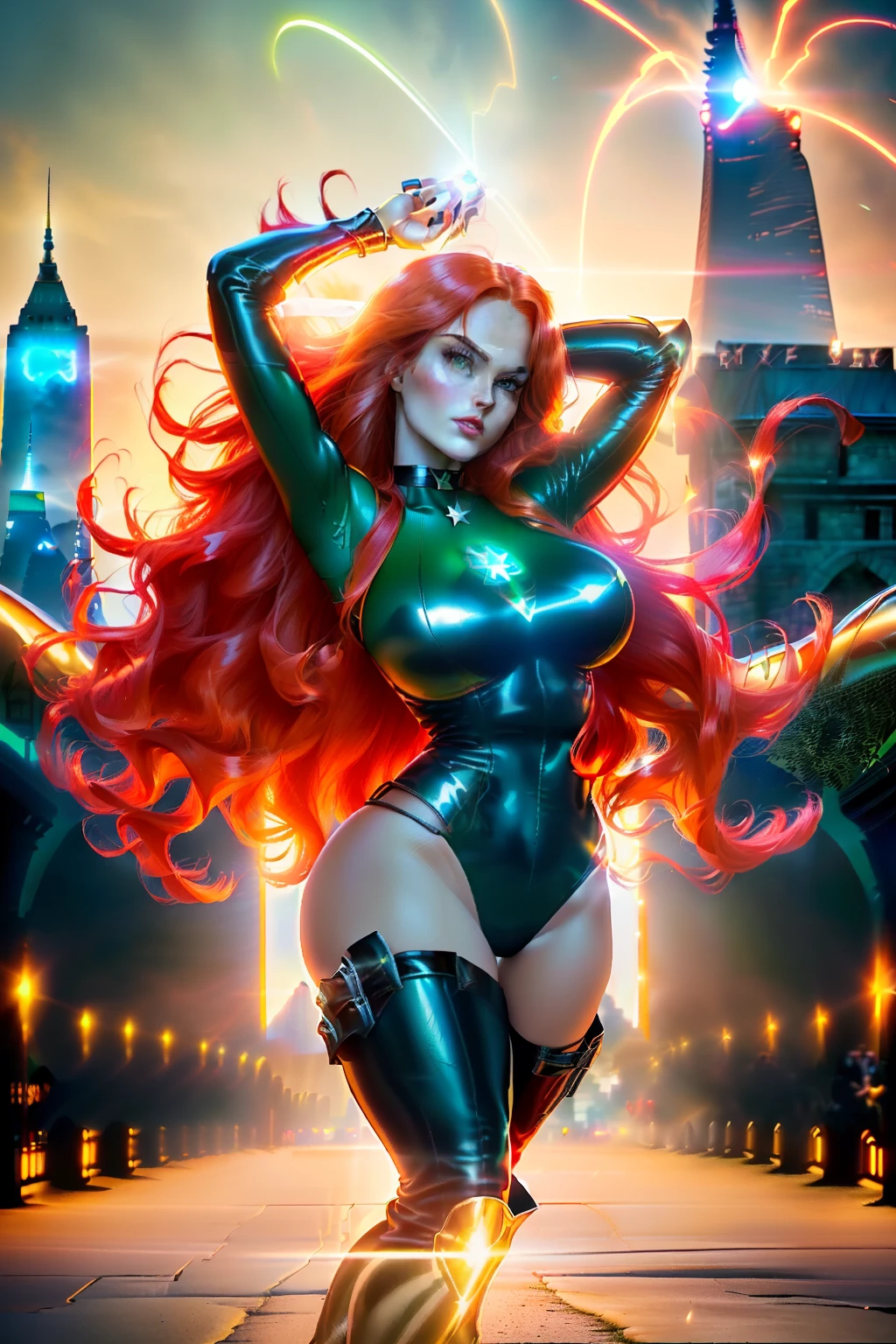 ((Jean grey from marvel comics series)) ((beautiful face)) (red lipstick) ((big bright eyes)) ((long redhead messy hairstyle)) ((very huge breasts)) (perfect slim body) ((wears green tight leather body duit)) ((choker, golden gloves and golden long boots)) ((posing sexy on liberty island)) ((showing backside and ass)) (high definition, dynamic lights and shadows) ((masterpiece)) (8k) (perfect face) (best quality) (perfect hands and eyes) ((psyonic power floating around))
