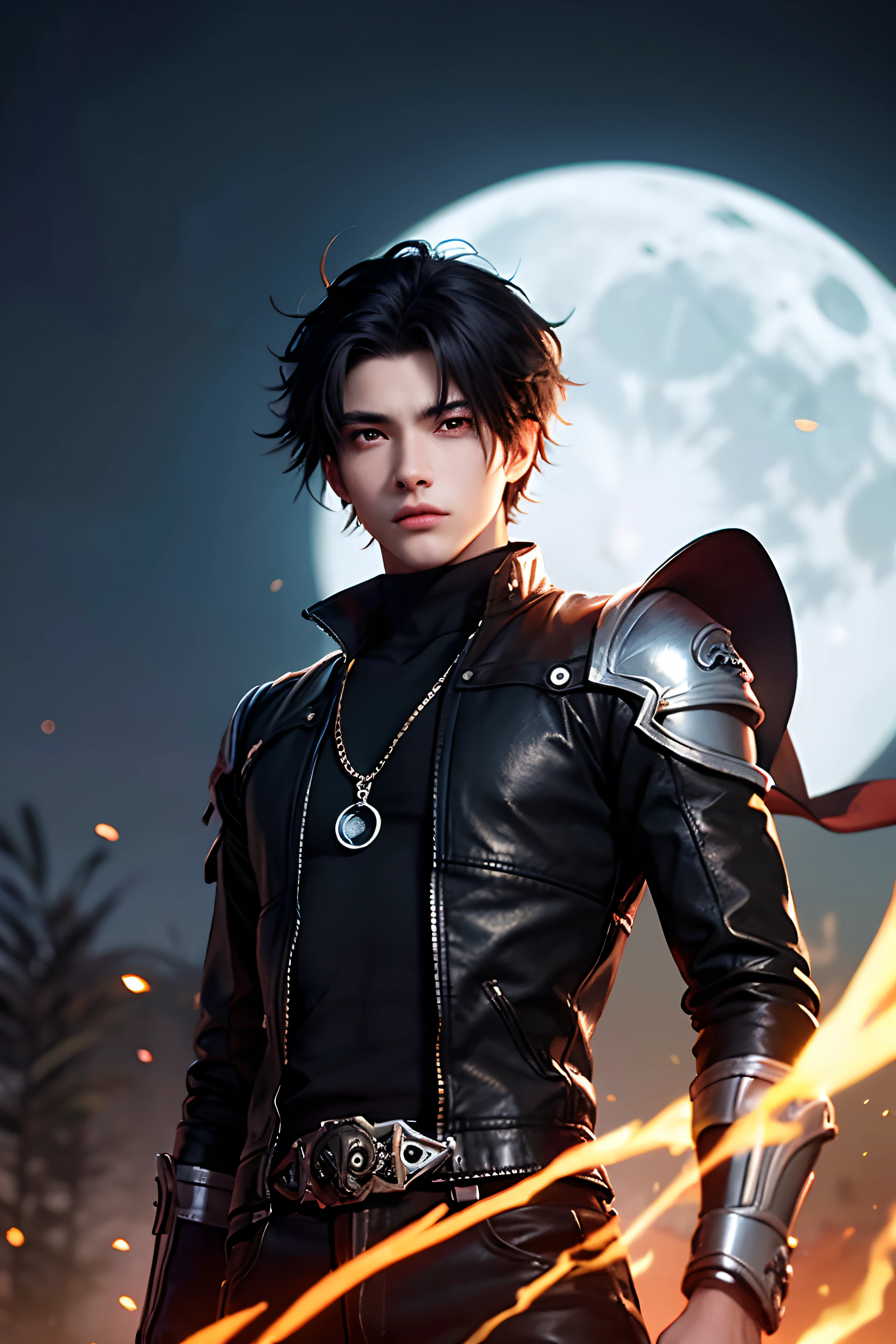 (((ung man 21 years old))), anime character with short hair, small ponytail at neck, black hair, deserted background, ((large moon)), handsome man in demon slayer art, epic fantasy art style, badass anime 8k, epic fantasy digital art style, detailed digital anime art, human male demon, portrait of hades, epic fantasy art style hd, fierce expression 4k, perfect eyes, perfect skin, demon male, extremely detailed artgerm, wearing black leather jacket, black turtleneck shirt, black leather long pants, metal chain at waist, electrical sparks