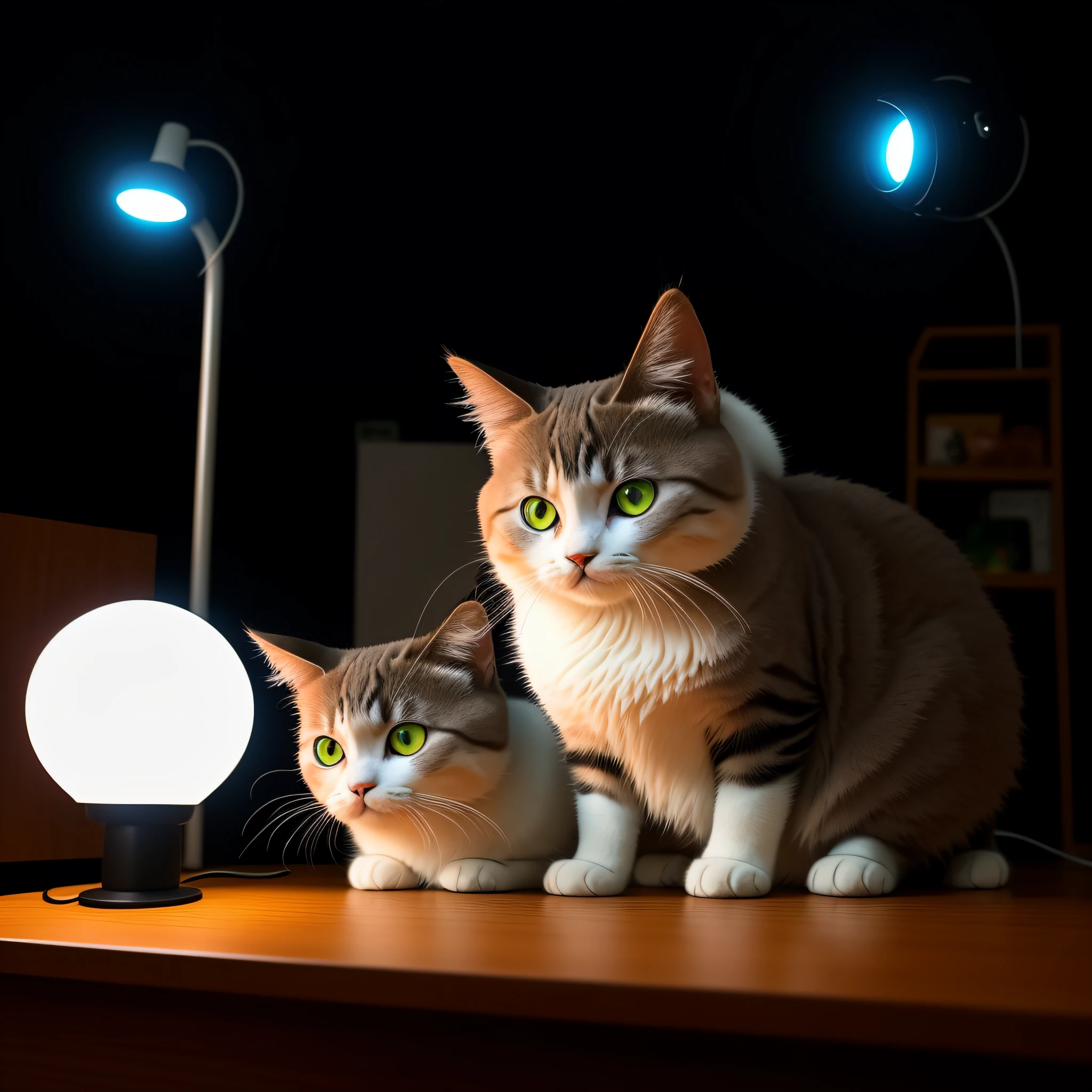 there is a cat that is laying down on a table, beautiful white glowing eyes, with glowing yellow eyes, beautiful glowing eyes, Bright glowing eyes like LEDs, Glowing orange eyes, bright glowing eyes, white glowing eyes, beautiful light big eyes, with glowing eyes, very glowing eyes, exotic shorthair cat, White cat, with red glowing eyes,8K,Cute cat,nighttime scene,There are desk lamps,Cute cat cat
