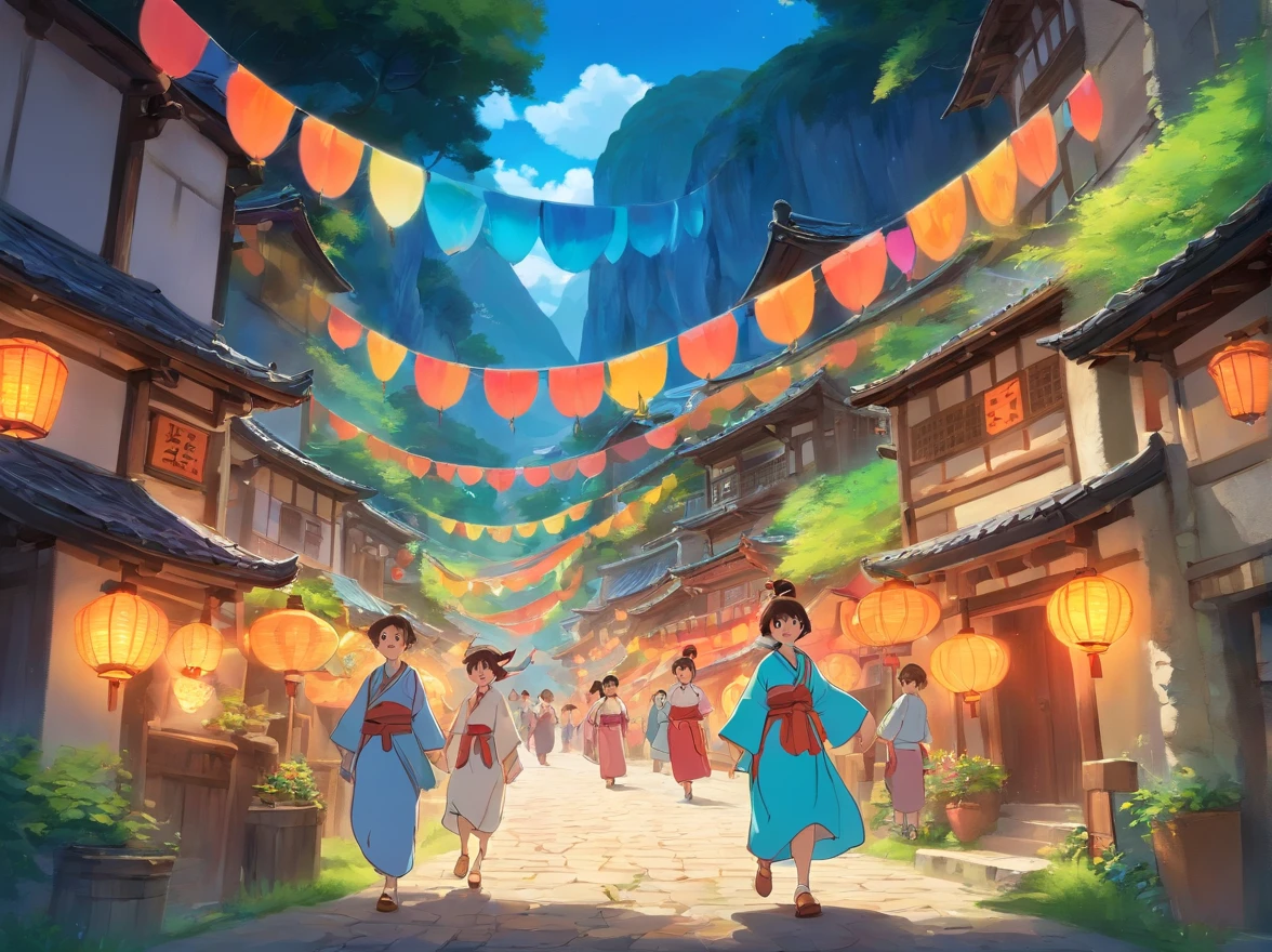 The whole village is dressed up，Colorful bunting flutters in the air，People are dressed in Zhuang costumes，With a smile of joy and anticipation，Come together。In the middle of the village stands a mysterious cave，The light at the entrance of the cave is warm，Exudes a beautiful glow