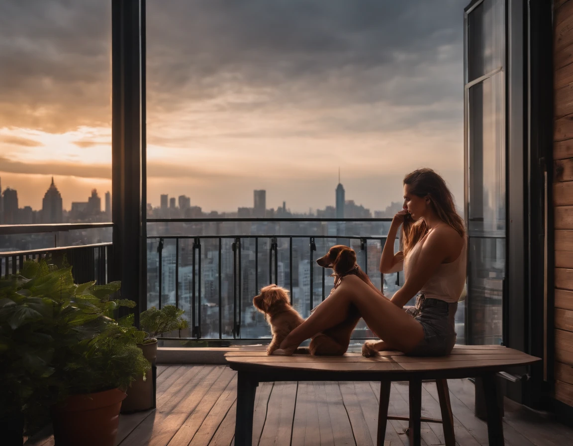 Large balcony with plants, View of the metropolis from above, peaceful atmosphere, A little dark in the sky Young skinny brunette shirtless woman swinging on velular, With coffee on the table, Dog sitting on the ground and enjoying the view,