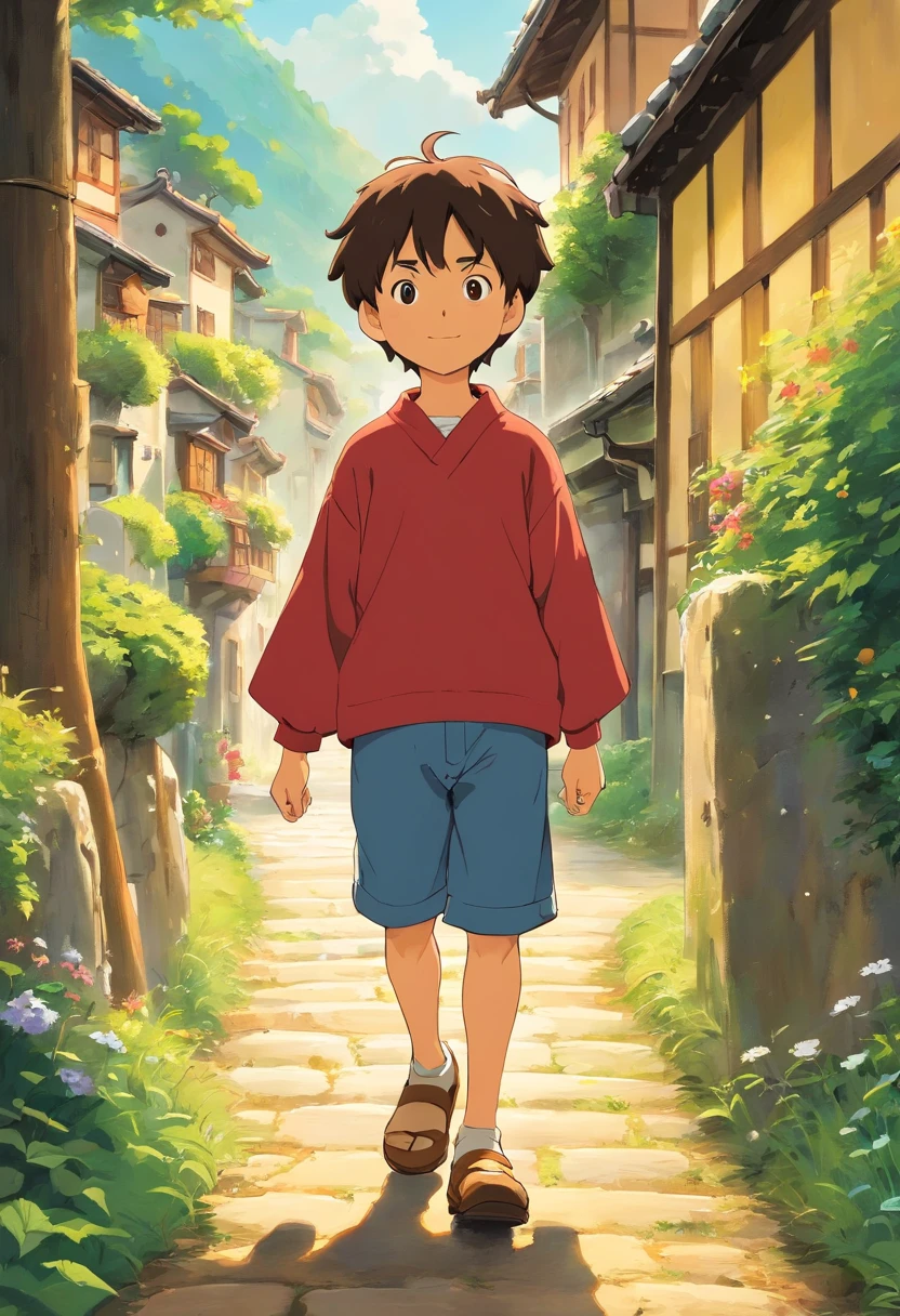 The little boy was happy walking the village road，Thinking about what wishes you want to make for this year's festival