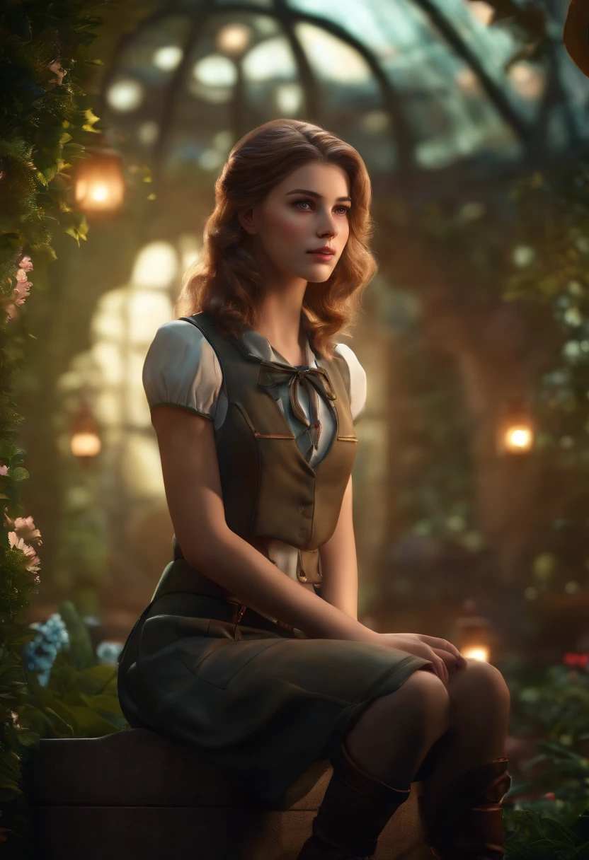 "(best quality, ultra-detailed, realistic:1.37), (cinematic lighting), (photorealistic:1.37), (sci-fi), (concept artists), (vivid colors), (bokeh), a masterpiece, high-resolution CG illustration of a cute and delicately beautiful girl, with detailed eyes, lips, and face. The girl is sitting solo on a futuristic chair in a serene garden, with a stoic expression. She is a mechanical girl, exuding a sense of mystery. The scene is illuminated by cinematic lights, creating a picturesque ambiance. The girl is wearing a schoolgirl uniform with a mini skirt, and she radiates confidence and grace. The artwork is a perfect blend of science fiction and concept art, featuring realistic details and vibrant colors."