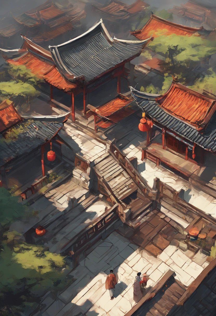Top view of the courtyard,There is a family inside,China-style