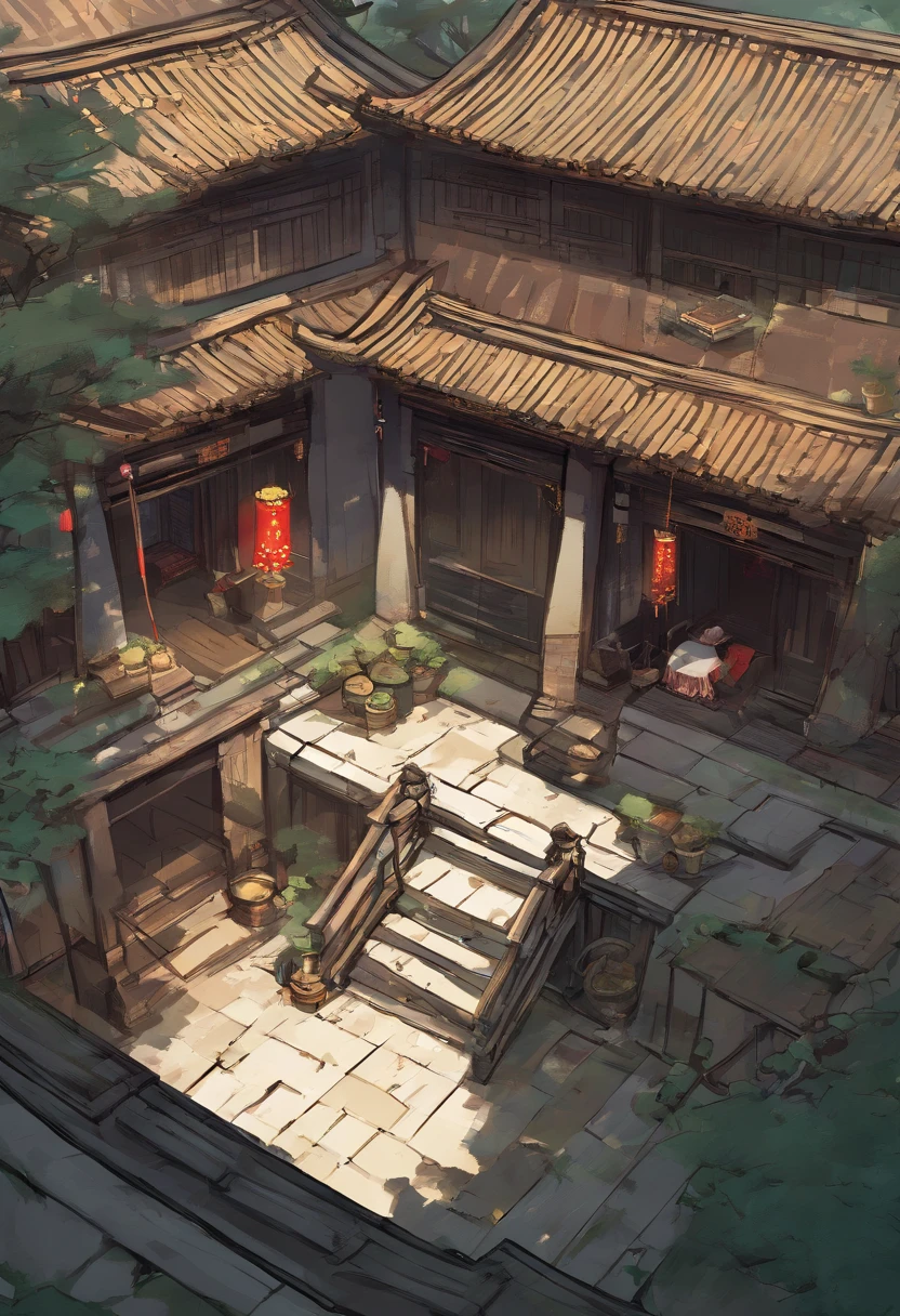 Top view of the courtyard，There is a family inside，China-style