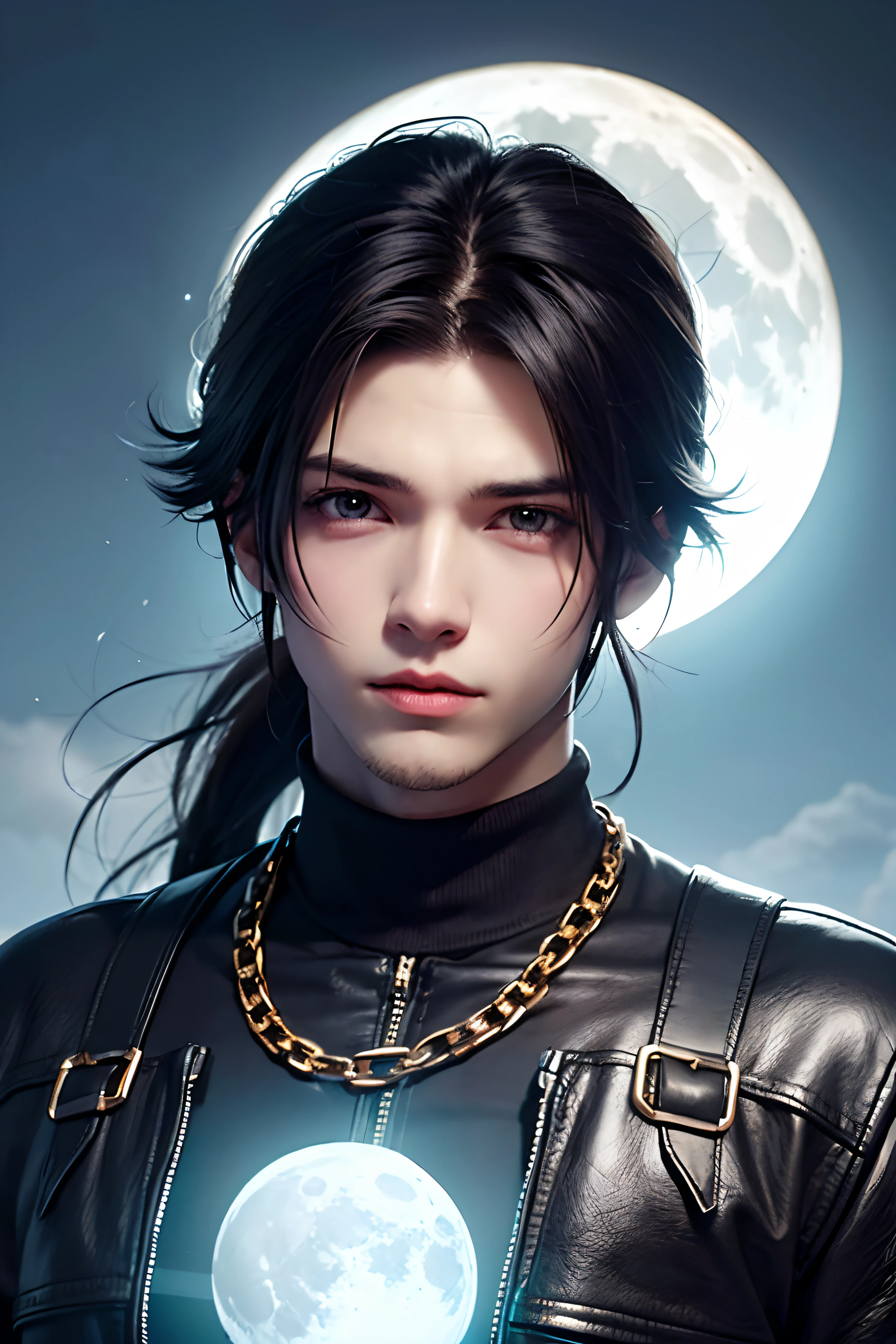 (((1 young man 21 years old))), anime character with short hair, small ponytail at neck, black hair, deserted background, ((large moon)), handsome man in demon slayer art, epic fantasy art style, badass anime 8k, epic fantasy digital art style, detailed digital anime art, human male demon, portrait of hades, epic fantasy art style hd, fierce expression 4k, perfect eyes, perfect skin, demon male, extremely detailed artgerm, wearing black leather jacket, black turtleneck shirt, black leather long pants, metal chain at waist, electrical sparks