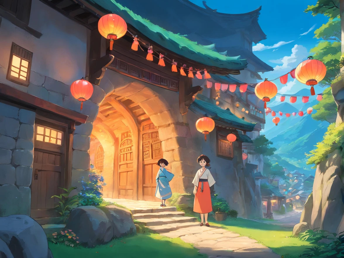 The whole village is dressed up,Colorful bunting flutters in the air,People are dressed in Zhuang costumes,With a smile of joy and anticipation,Come together。In the middle of the village stands a mysterious cave,The light at the entrance of the cave is warm,Exudes a beautiful glow