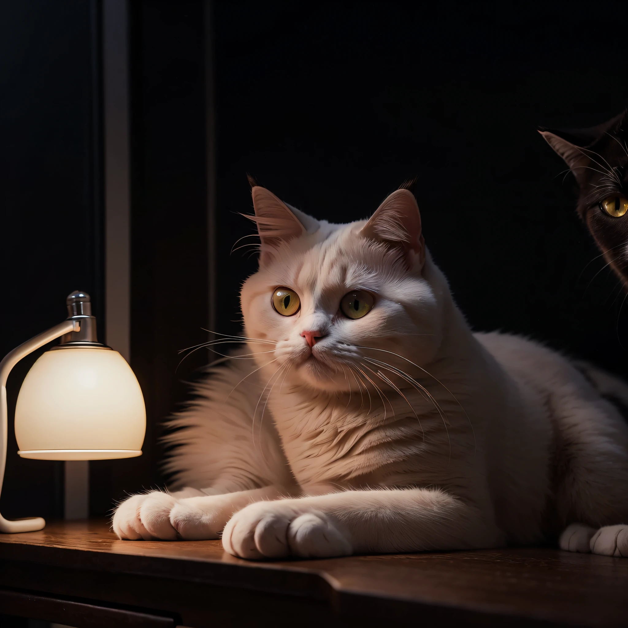 there is a cat that is laying down on a table, beautiful white glowing eyes, with glowing yellow eyes, beautiful glowing eyes, Bright glowing eyes like LEDs, Glowing orange eyes, bright glowing eyes, white glowing eyes, beautiful light big eyes, with glowing eyes, very glowing eyes, exotic shorthair cat, White cat, with red glowing eyes,8K,Cute cat,nighttime scene,There are desk lamps,Cute cat cat