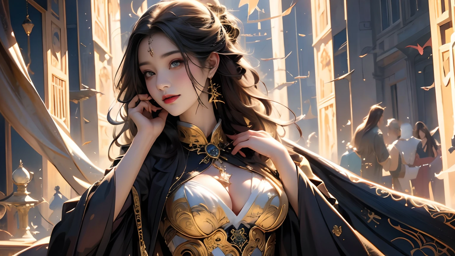 （tmasterpiece，top Quority，best qualtiy，offcial art，Beautiful and aesthetic：1.2），（1girl），Extremely detailed，Colorful，highestdetailed，offcial art，统一 8k 壁纸，ultra - detailed，Beautiful and aesthetic，big breasts beautiful，tmasterpiece，best qualtiy，（zentangle，datura，Tangles，entangled），（s fractal art：1.4），dynamic angle，（The character is centered：1.3），holy rays，gold foil，Gold leaf art，glitter drawing，