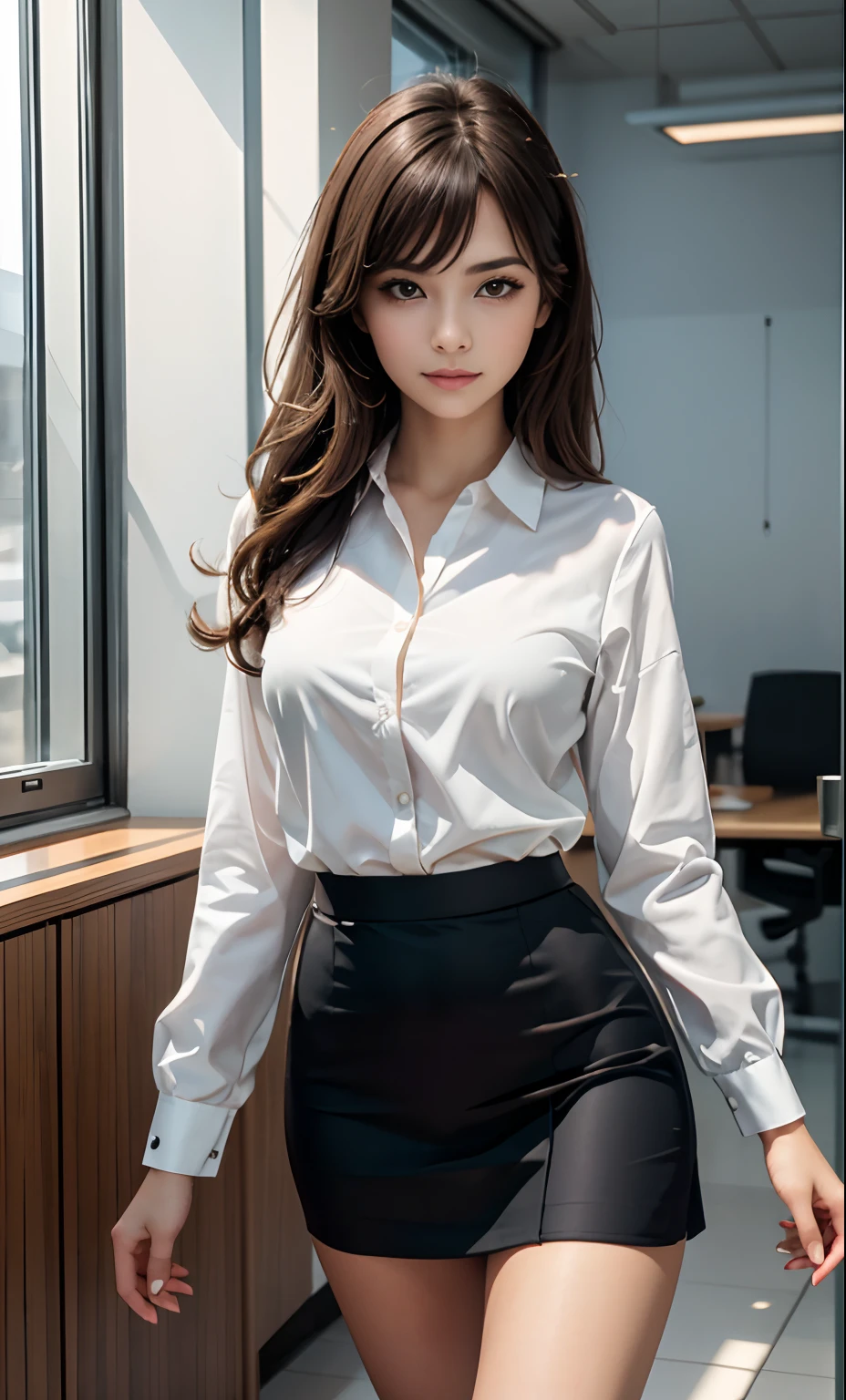 ((RAW photograph, Realistic photo, Best quality, 8K, Masterpiece: 1.3)), (full figure:0.9), Secretary of Mexico, They are 30 years old, aligned eyes, smiling, Very long straight hair, She will be wearing a tight striped skirt, (micro mini skirt:1.2), She will be wearing a blouse, thin waist, She will be with her back to the viewer, She will be sitting in the office. 