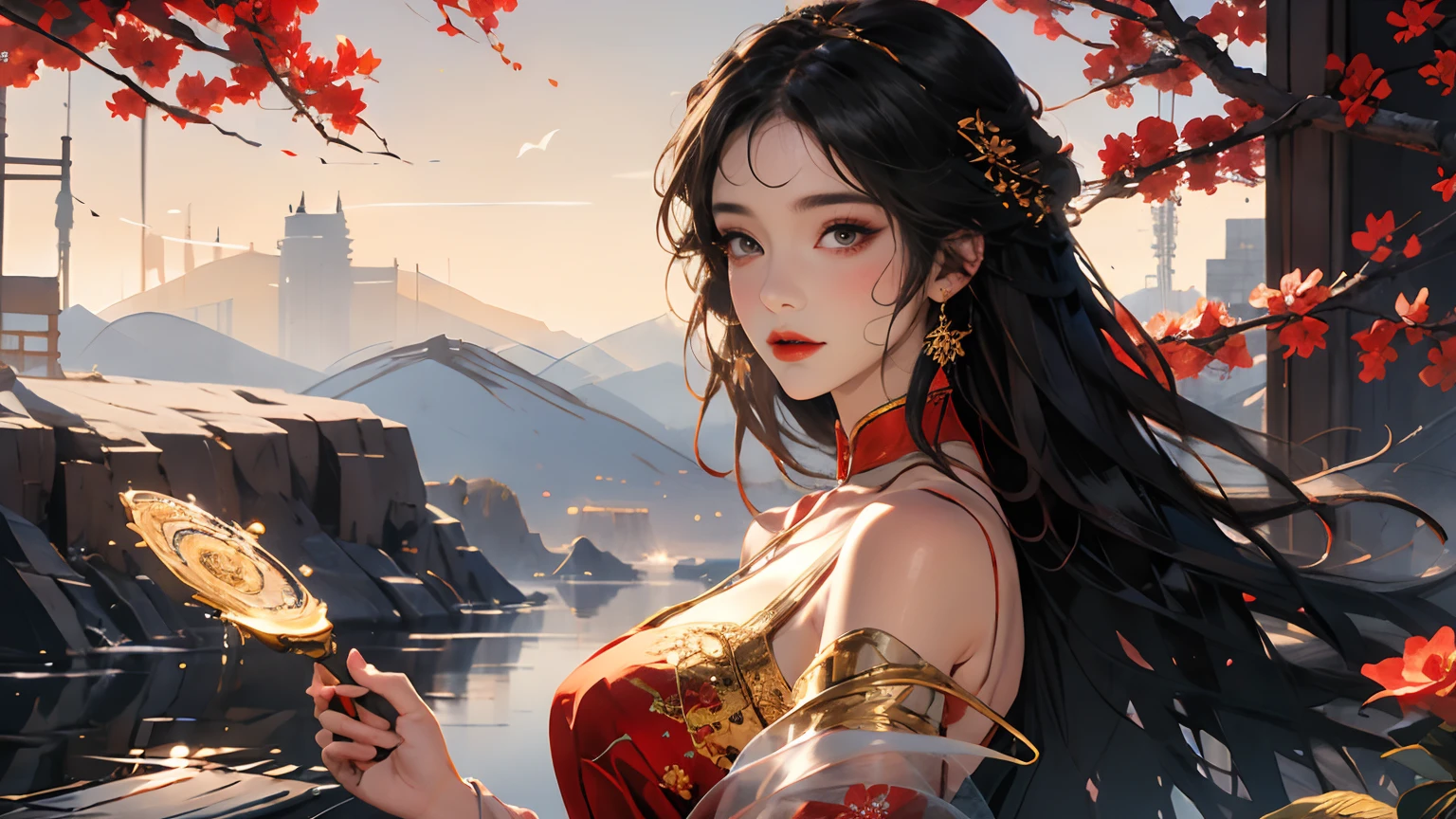 Haiyi-Robot Wensheng Tu Default 11:58:07 
（tmasterpiece，top Quority，best qualtiy，offcial art，Beautiful and aesthetic：1.2），（1girl），Extremely detailed，Colorful，highestdetailed，offcial art，统一 8k 壁纸，ultra - detailed，Beautiful and aesthetic，big breasts beautiful，tmasterpiece，best qualtiy，（zentangle，datura，Tangles，entangled），holy rays，gold foil，Gold leaf art，glitter drawing，chinese clothes，red dress，daji，bare shoulders，