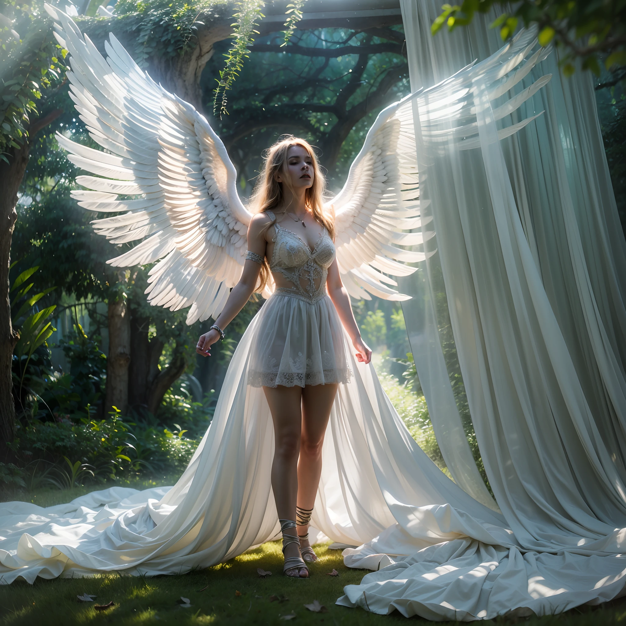A close photo of A girl wering mini dress form from clouds with long translucent sheet flying around her, there is white pegasus horse tha have two massive wing, pegasus from ancient mythology interact with her, the girl is in the eden garden with magical atmosphere, heavenly light aroud her, ray of lights and rim lights is everywhere, hyperrealism style, photorealistic