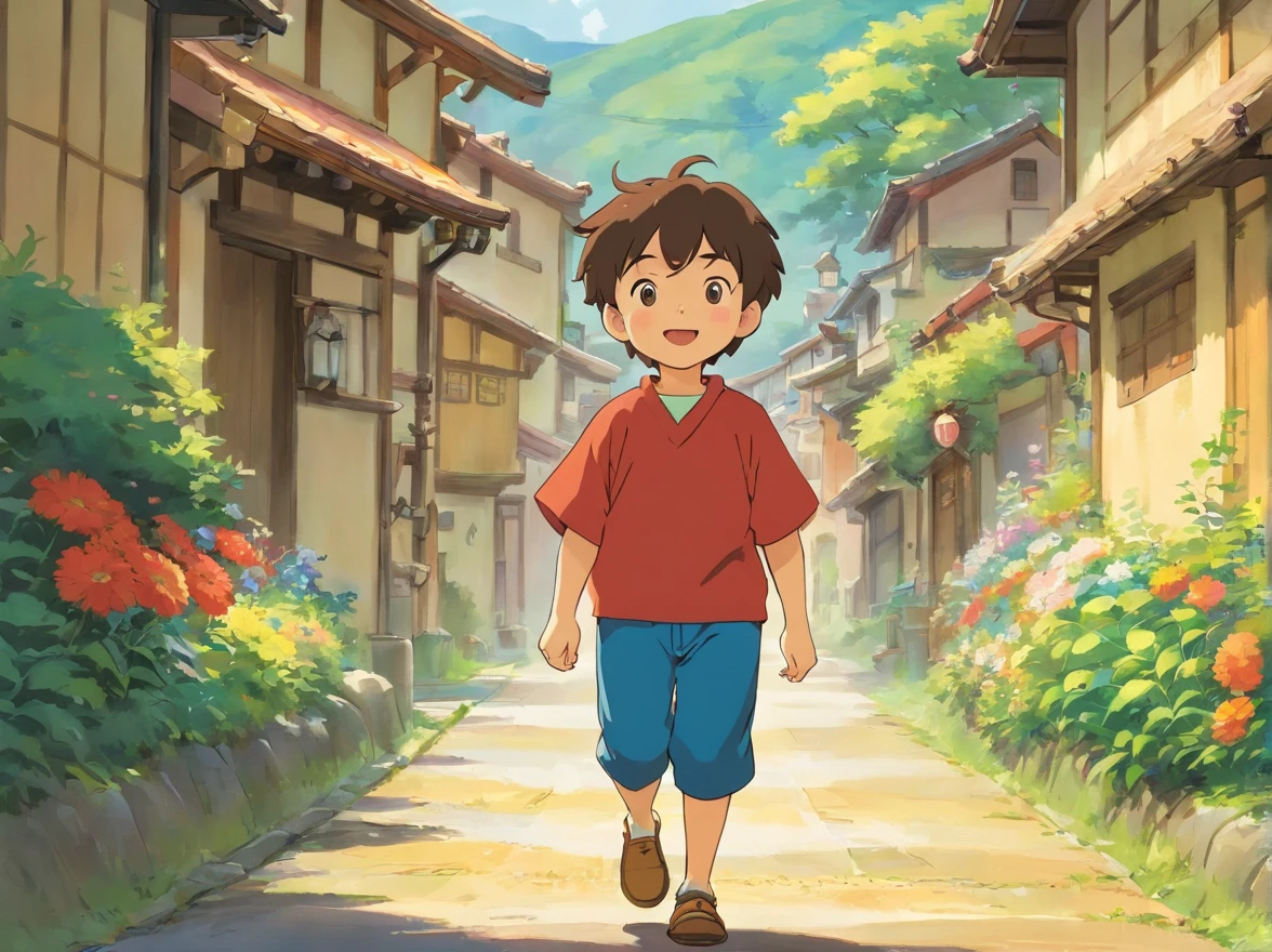 A little boy greeted by the front is very happy walking on the road of the village,Thinking about what wishes you want to make for this year's festival