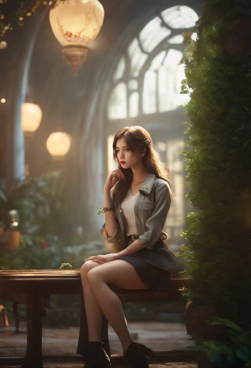 "(Best Quality, Ultra-detailed, Realistic:1.37), (Cinematic lighting), (Photorealistic:1.37), (科幻小说), (Concept Artist), (Vivid colors), (Bokeh), Super masterpiece, High resolution CG illustration of cute and delicately beautiful girl, With a detailed eye, Lips, and face. Girl sitting alone on futuristic chair in quiet garden, With a stoic look. She is a mechanical girl, Exude a sense of mystery. The scene is illuminated with cinematic light, Creating a picturesque atmosphere. Girl wears a miniskirt on a schoolgirl uniform, And she radiates confidence and grace. The artwork is、It's the perfect blend of science fiction and concept art, Features realistic details and vibrant colors."