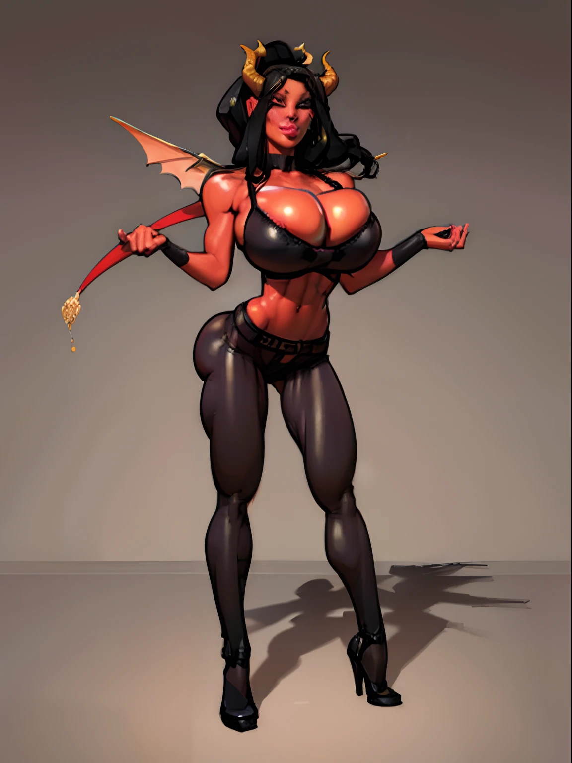 (masterpiece, top quality, best quality, official art, beautiful and aesthetic:1.2), (1girl:1.3), (black hair in big (ponytail)), extremely detailed, portrait, looking at viewer, solo, (full body:0.6), detailed background, close up, (hot medieval church theme:1.1), Tiefling, female, horns, tail, wings, long hair, tail, black hair, dragon girl, dragon horns, blood, scales, dragon wings, (((red skin), colored skin)), extremely busty Tiefling, charlatan, wicked grin, sultry smirk, forked tongue, mysterious, seducing in a cathedral, black ram horns, curled horns, curved horns, demon horns, skimpy leather (sports bra), sleeveless, fingerless gloves, claws, shotgun, ammo belt, shotgun shells, black leather, thong, thigh-high boots, bracers, boots, buckles, straps, ((((gigantic breasts, cleavage, skindentation)))), slendered abs, cute belly button, slim waist, slim hips, long legs, athletic, stained glass windows, candlelight, Medieval Europe, (((Cathedral exterior background:1.2))), dark mysterious lighting, shadows, magical atmosphere, dutch angle