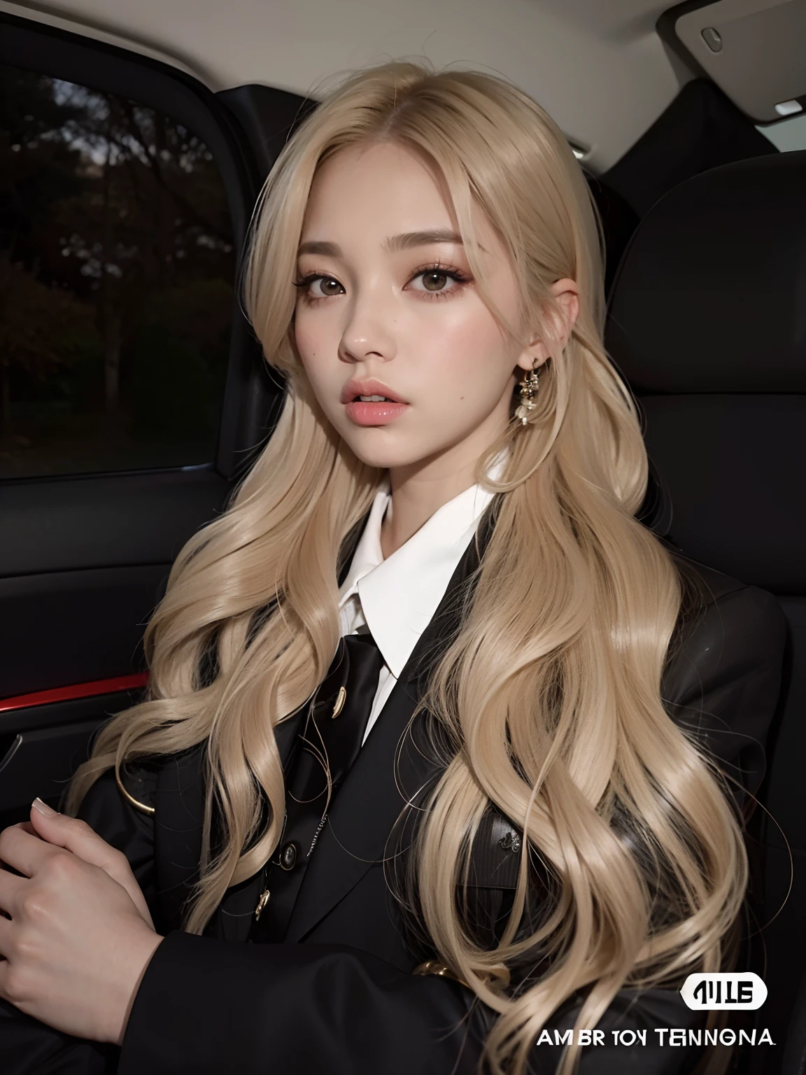 mujer rubia con el pelo largo en un coche con traje y corbata, Ava Max, con cabello largo y rubio, con pelo largo blanco, Cl, Cabello largo y rubio y ojos grandes, con el pelo largo y blanco, Su cabello es blanco, Cabello largo y rubio y ojos grandes, con el pelo rubio muy largo, tiene el pelo rubio, Parque Roseanne de Blackpink, cabello rubio y ojos grandes