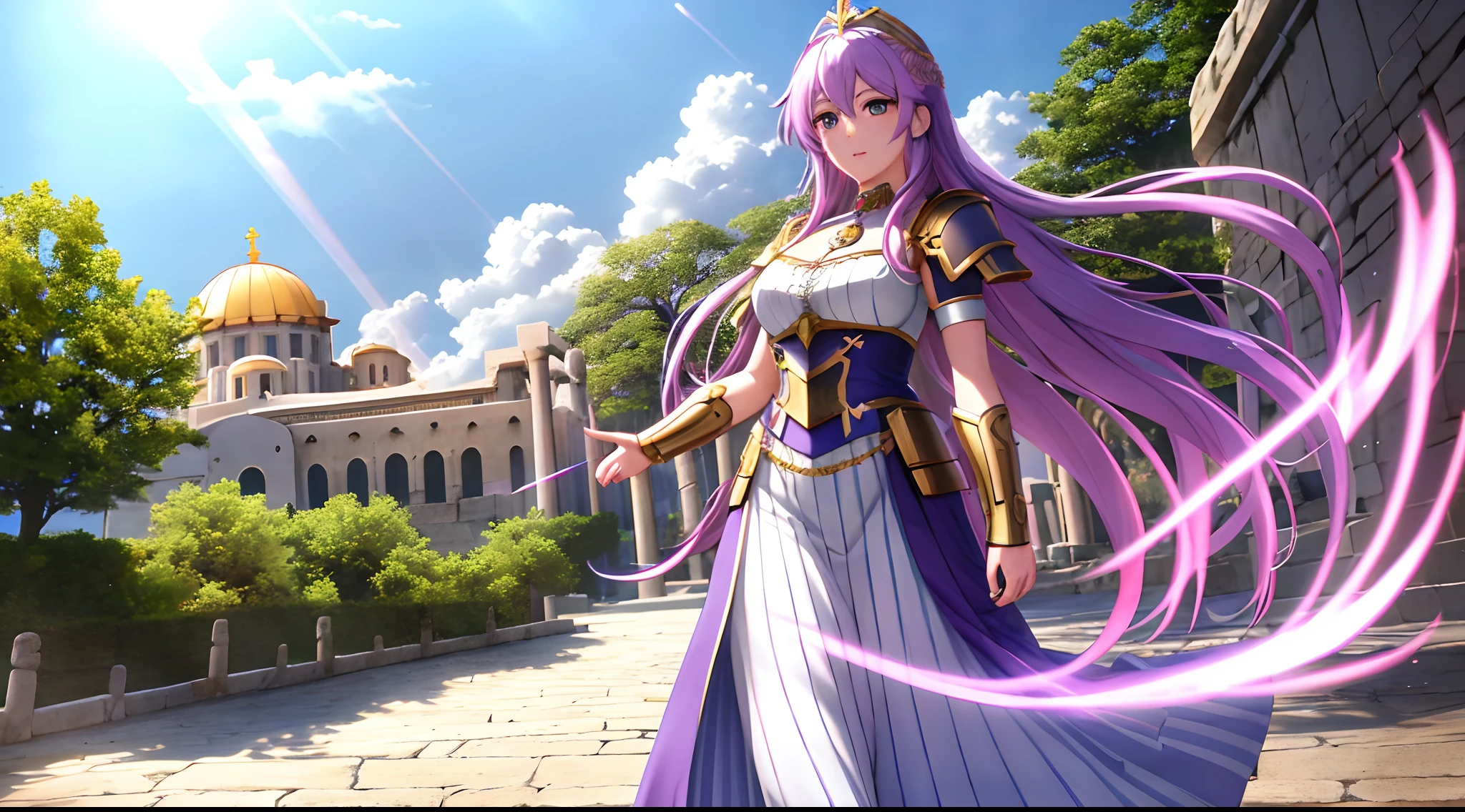 Athena with plain long light purple hair,hair between eyes,green eyes,rosy cheeks,full lips,thin eyebrows,slender body,wearing knight armor and full long skirt,praying beads on neck,cute anime girl,full body,greek Acropolis street in background,anime style,Lumen Reflections,Screen Space Reflections,Diffraction Grading,Chromatic Aberration,GB Displacement,Scan Lines,Ray Traced,Anti-Aliasing,FXAA,TXAA,RTX,SSAO,Shaders,OpenGL-Shaders, GLSL-Shaders,Post Processing,Post-Production,cell Shading,Tone Mapping,CGI,VFX,SFX,insanely detailed and intricate, 4K,standing, solo, masterpiece, best quality, detailed face, detailed eyes, highres, standing, solo,masterpiece, best quality