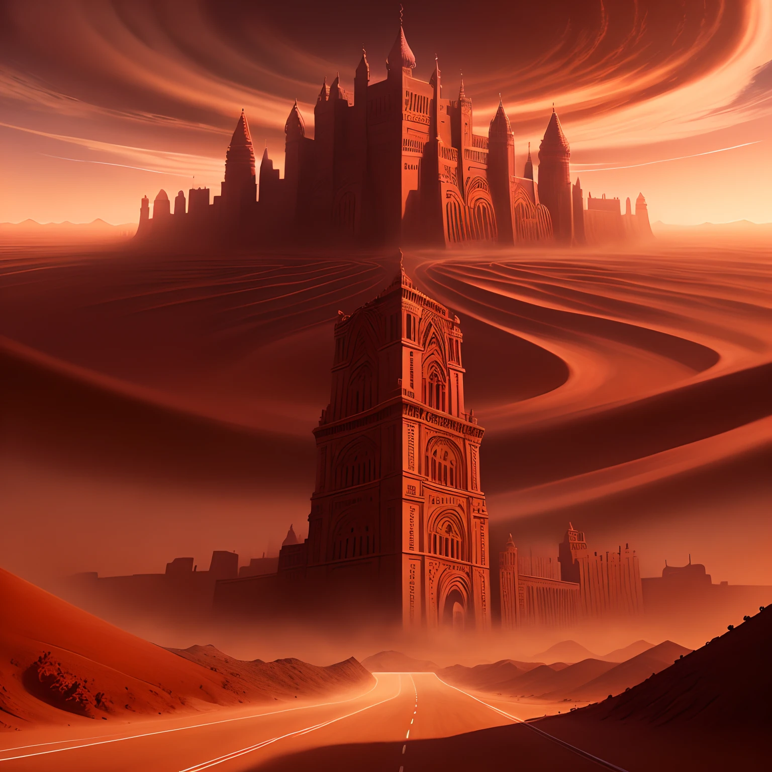 Red sand city, dark fantasy, big road with towers, big palace at the end of the road made of swirling sand, dark red sky and sky covered in red sandstorm