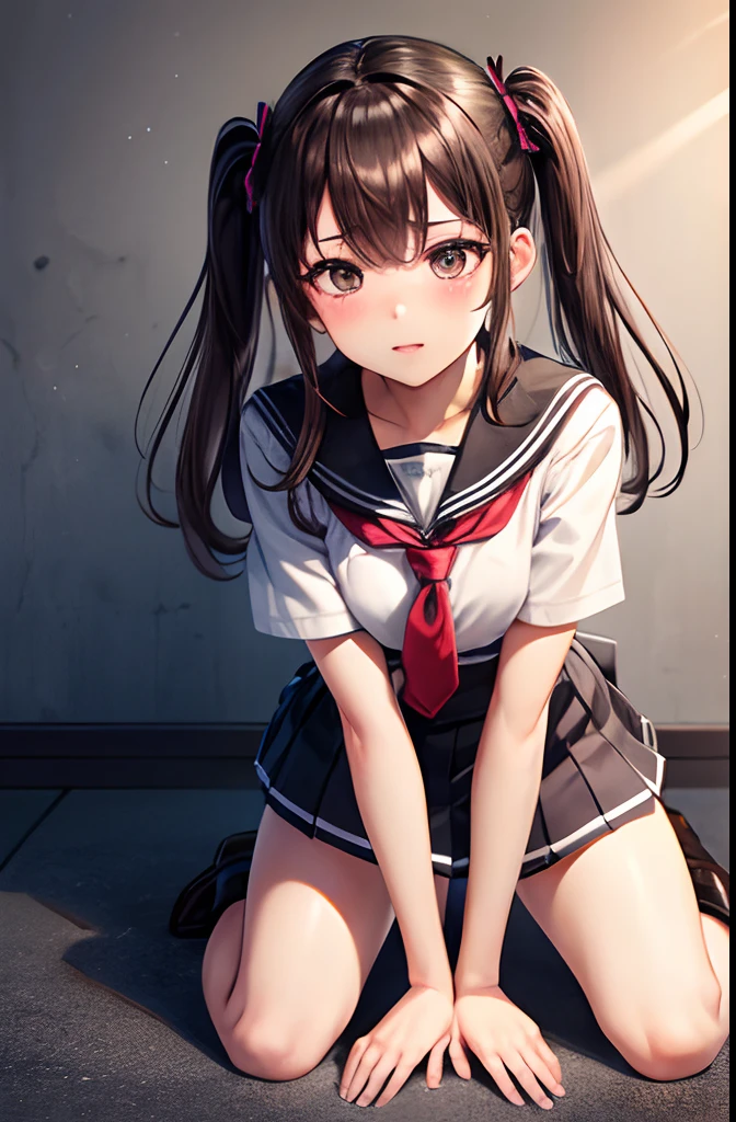 masterpiece,Top image quality,hight resolution,imagem 4k,Raw photo,Photorealsitic,{Solo},{{{}}},sex toy,,,, Insert into ,Mini skirt,Schoolgirl Uniform,Ahegao,all-fours,A dark-haired,hi-school girl,Brown eyes,A dark-haired,long,Twin-tailed,Brown loafers