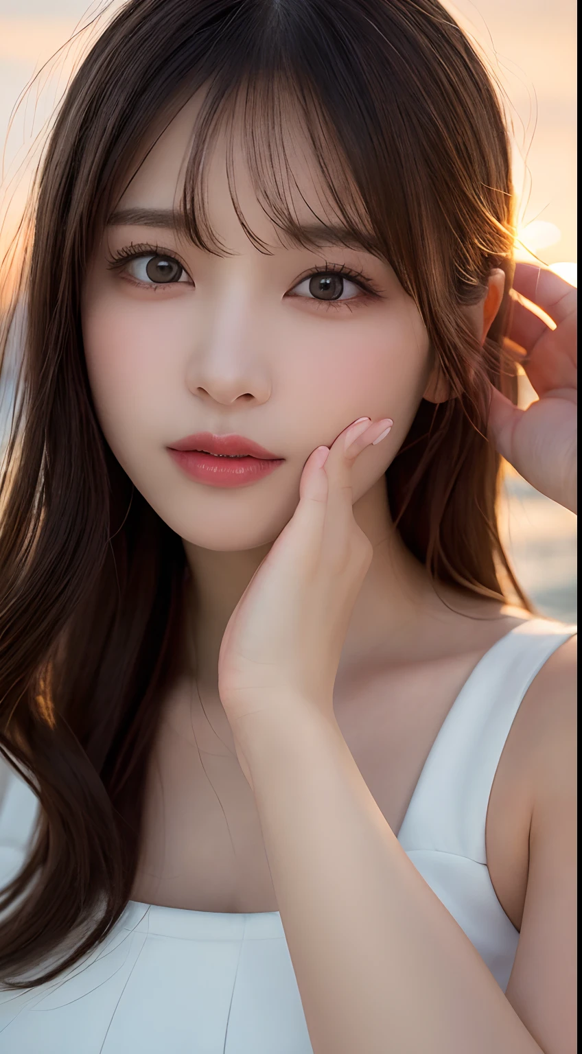 (8k,masterpiece, RAW Photos,highest quality:1.4),(Photorealistic:1.2),(extremely Detailed face),(Shiny skin),(Detailed skin),(Detailed face),(Very beautiful face),One girl,View Viewer,Japanese Idols(actress), Brown Hair,Medium Hair,Straight hair,Asymmetrical bangs,smile,Glamour,Big Breasts,Micro Bikini,Private beach,High position,Natural light