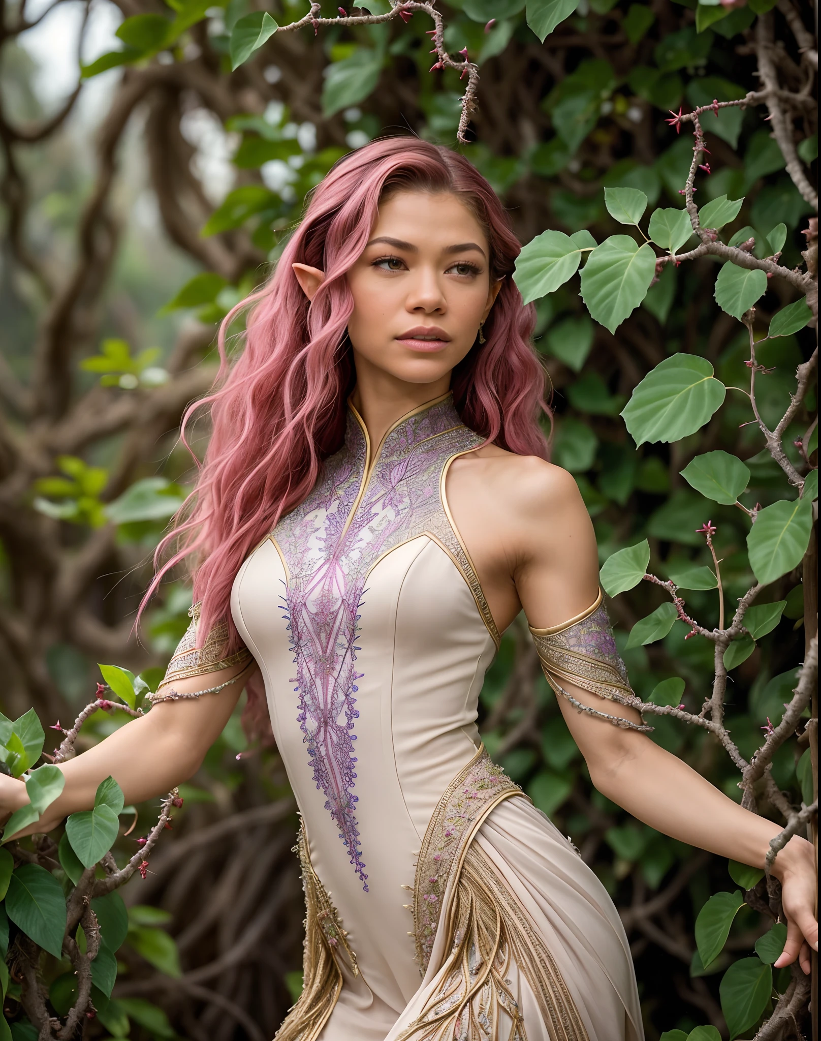 (zendaya:Evangeline Lilly) [woman:Plant:15], (masterpiece:1.4, best quality), (intricate details), unity 8k wallpaper, ultra detailed, beautiful and aesthetic, (surrealism:1.4), affinity for plants, can control their growth, shape, and even communicate with them, manipulate their thorns and vines, command them to perform specific tasks, long hair, pink hair, pointy ears