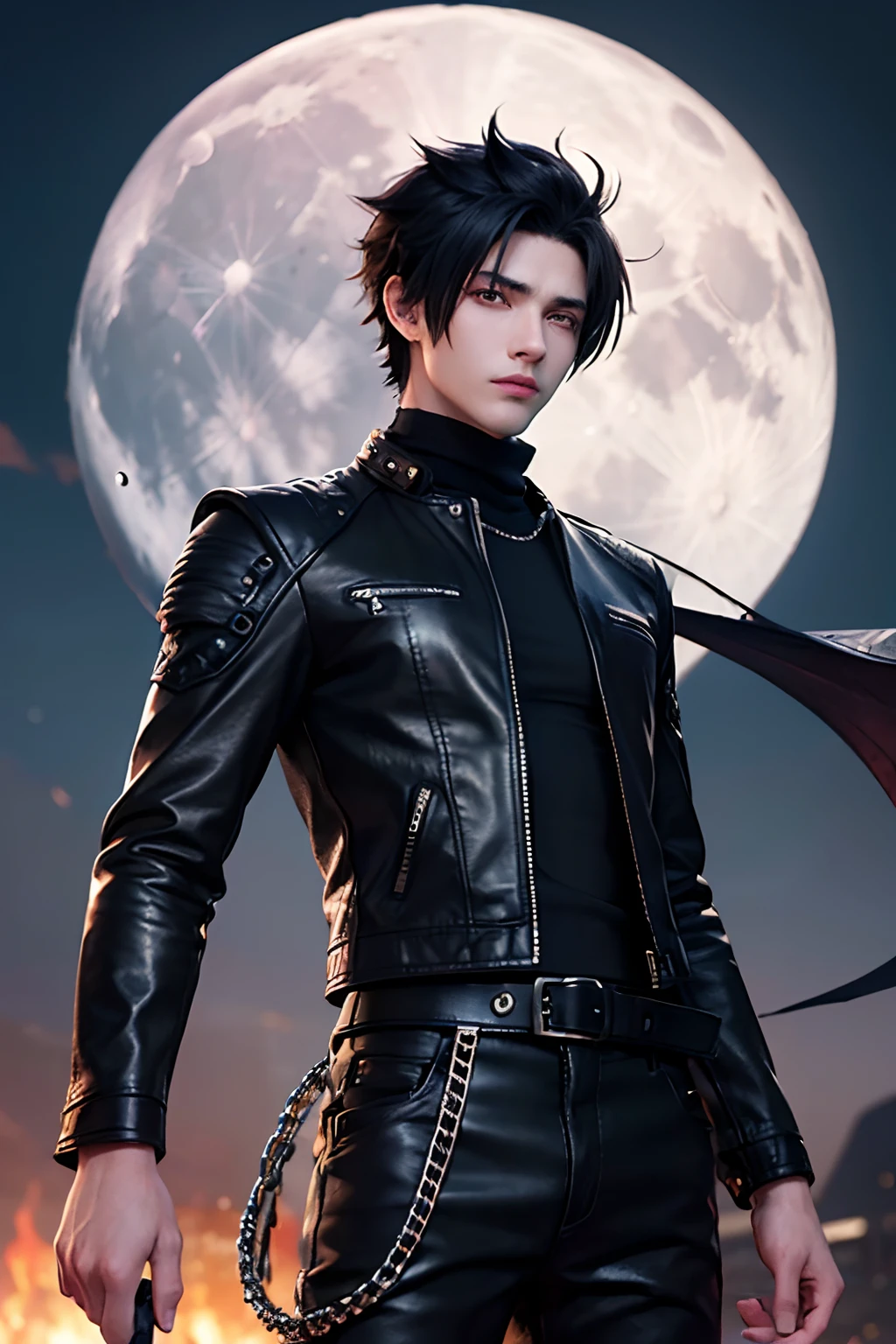 (((1 young man 21 years old))), anime character with short hair, small ponytail at neck, black hair, deserted background, ((large moon)), handsome man in demon slayer art, epic fantasy art style, badass anime 8k, epic fantasy digital art style, detailed digital anime art, human male demon, portrait of hades, epic fantasy art style hd, fierce expression 4k, perfect eyes, perfect skin, demon male, extremely detailed artgerm, wearing black leather jacket, black turtleneck shirt, black leather long pants, metal chain at waist, electrical sparks, riding motorcycle
