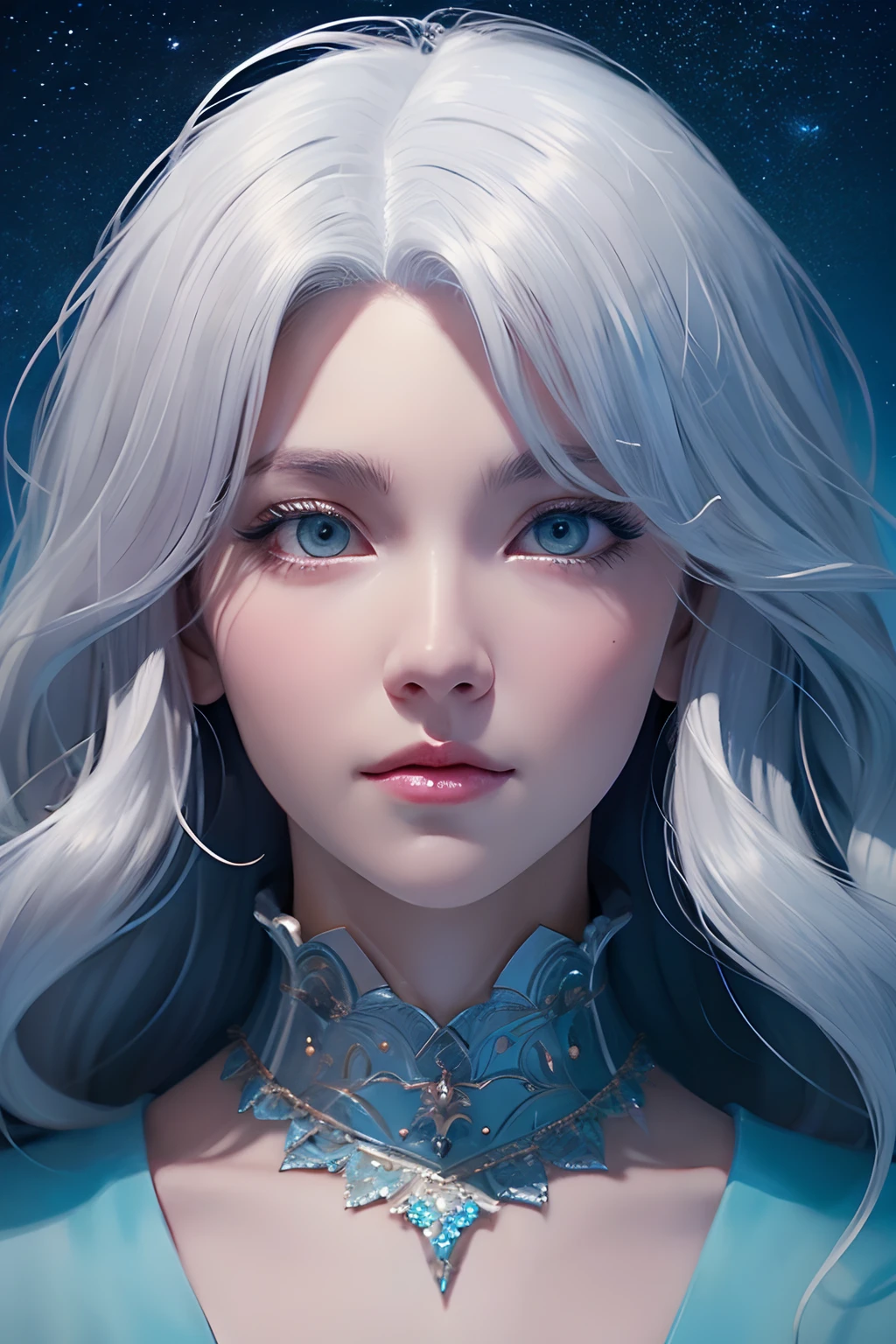 An extremely beautyful ice witch, perfect mesmerizing blue eyes, looking to the camera, close up