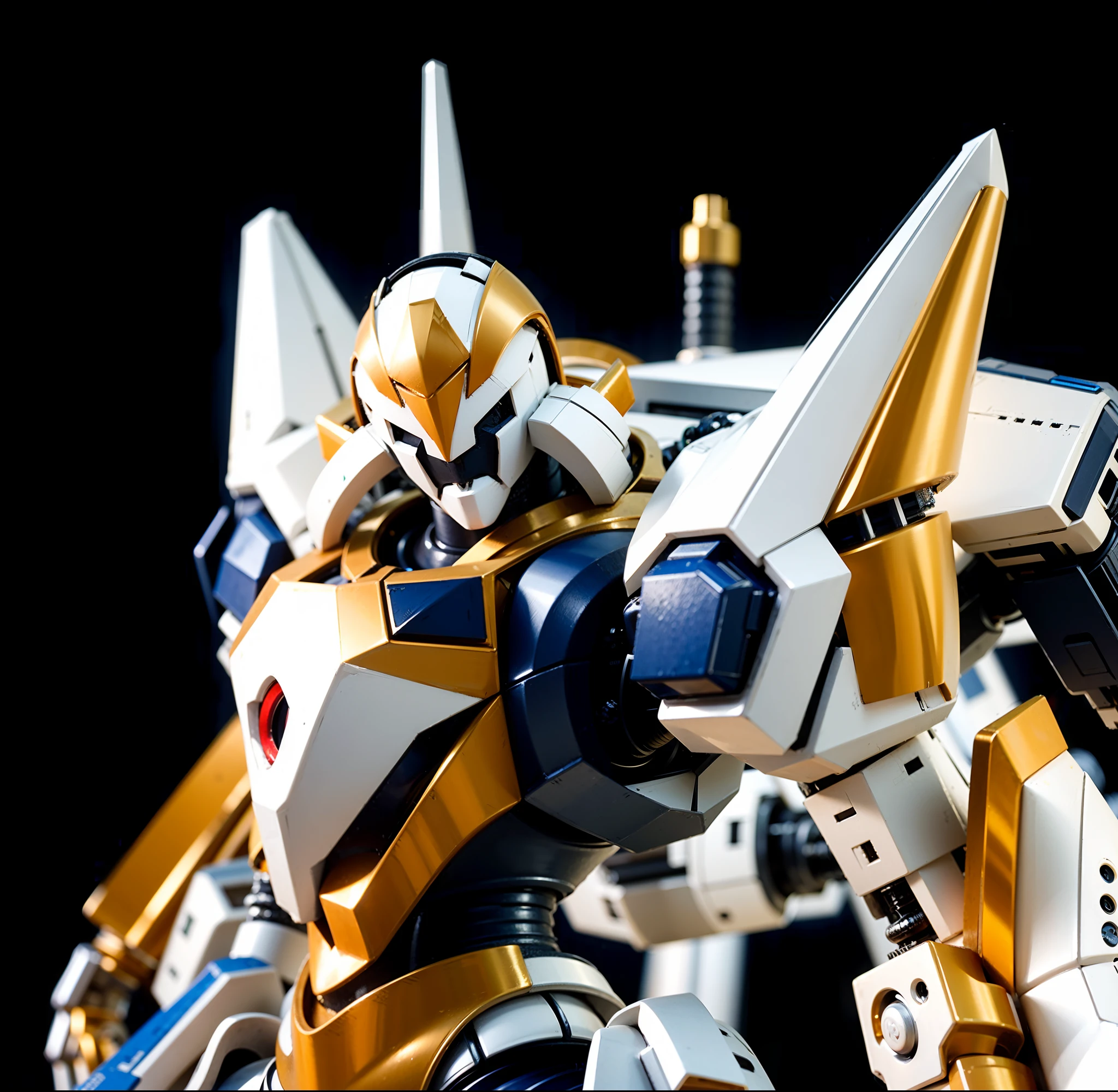 A large mecha robot, Head with white and gold metal parts, Body composed of metal parts in white colors, douradas e pretas, compartimento nas costas de metal na cor branca e preta, Left arm with white and gold metal parts